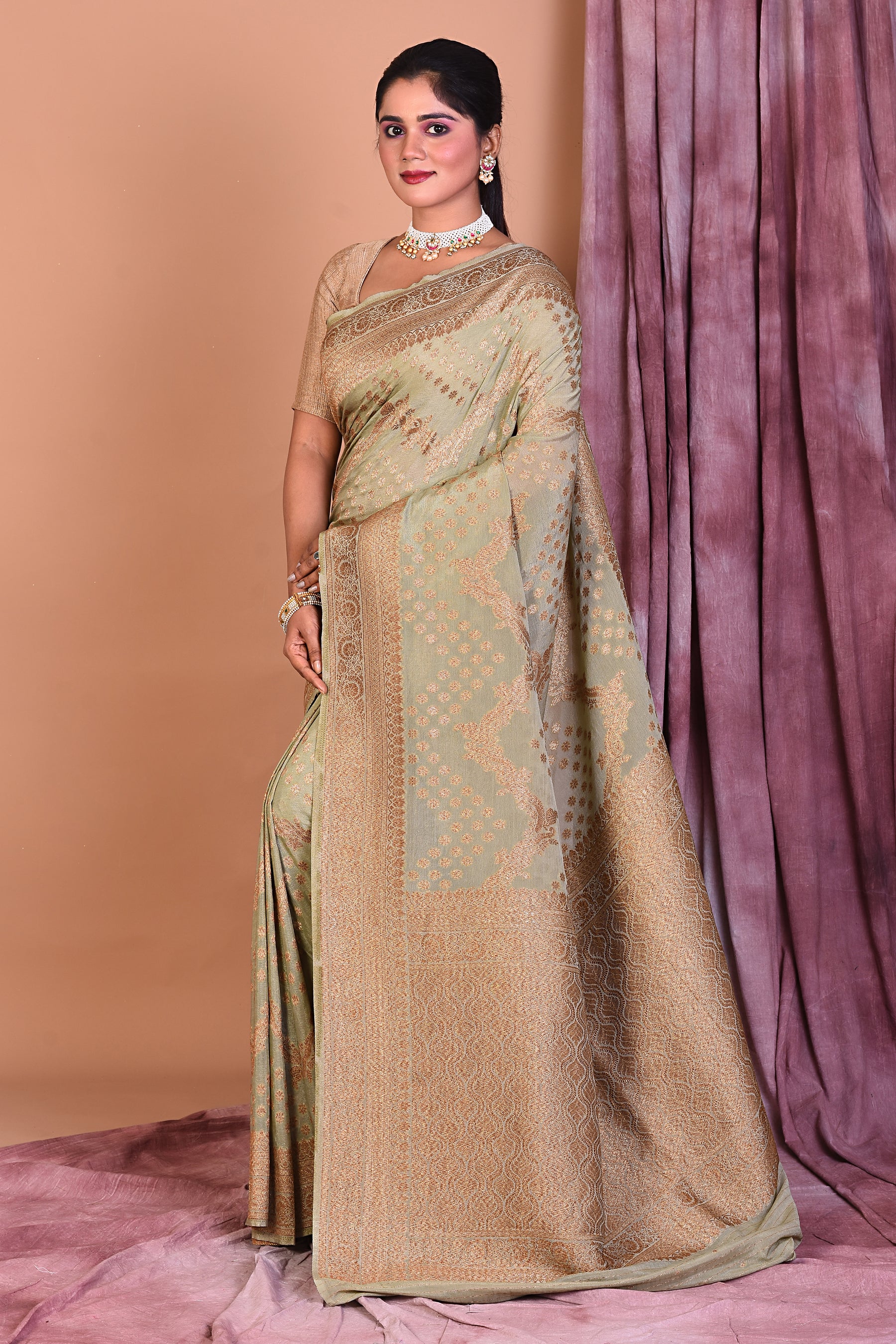 Designer Pastel Green Khaddi Saree with Golden Borders - Keya Seth Exclusive