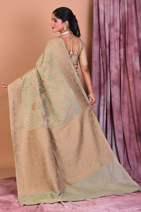 Designer Pastel Green Khaddi Saree with Golden Borders - Keya Seth Exclusive