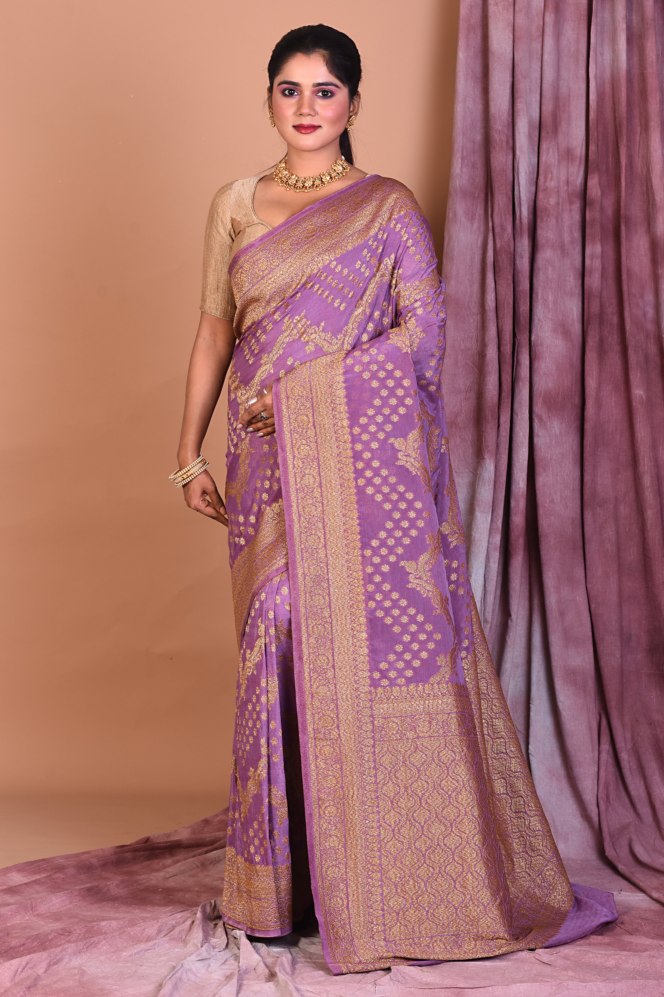 Designer Mauve Khaddi Saree with Golden Borders - Keya Seth Exclusive