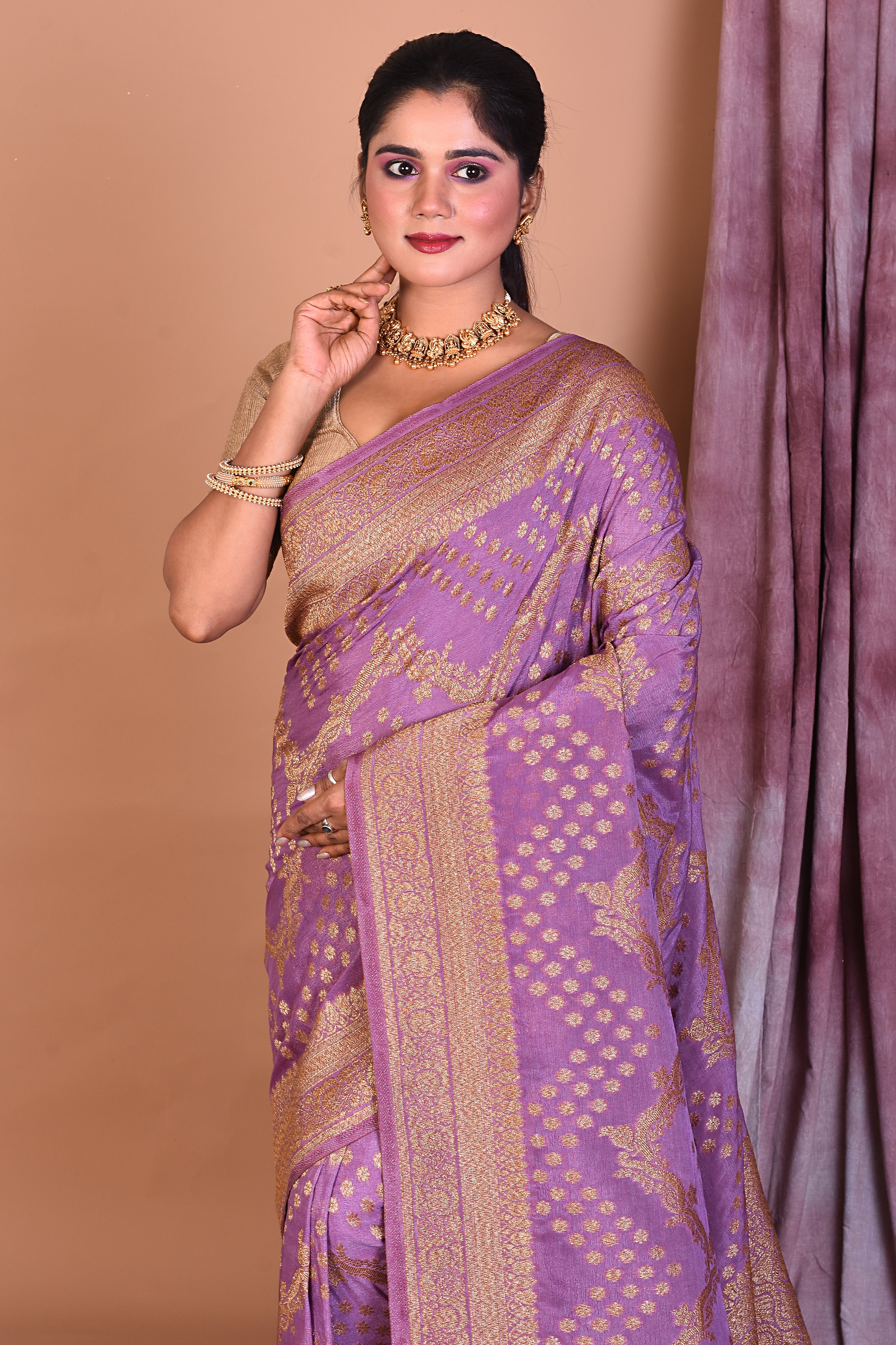 Designer Mauve Khaddi Saree with Golden Borders - Keya Seth Exclusive