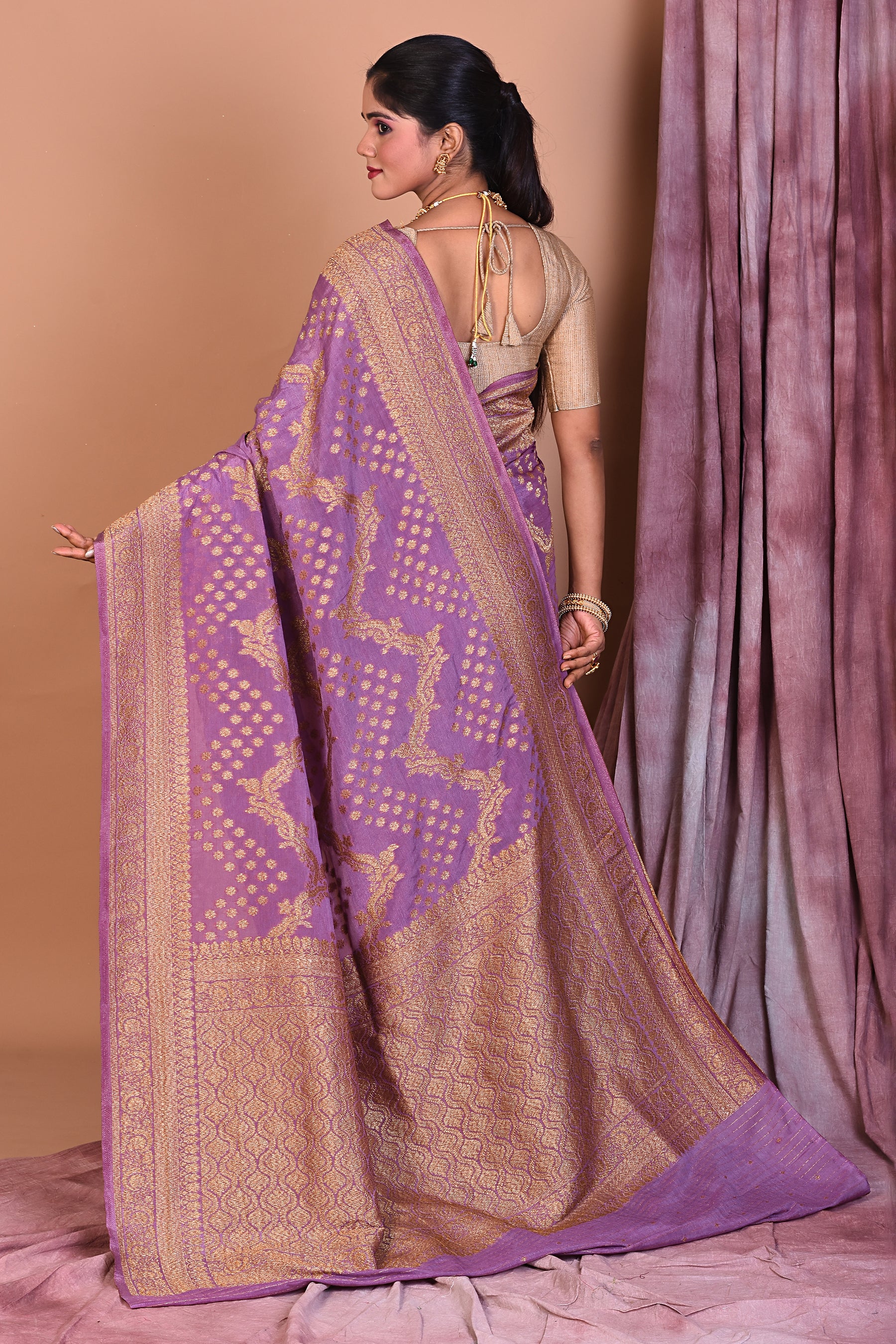 Designer Mauve Khaddi Saree with Golden Borders - Keya Seth Exclusive