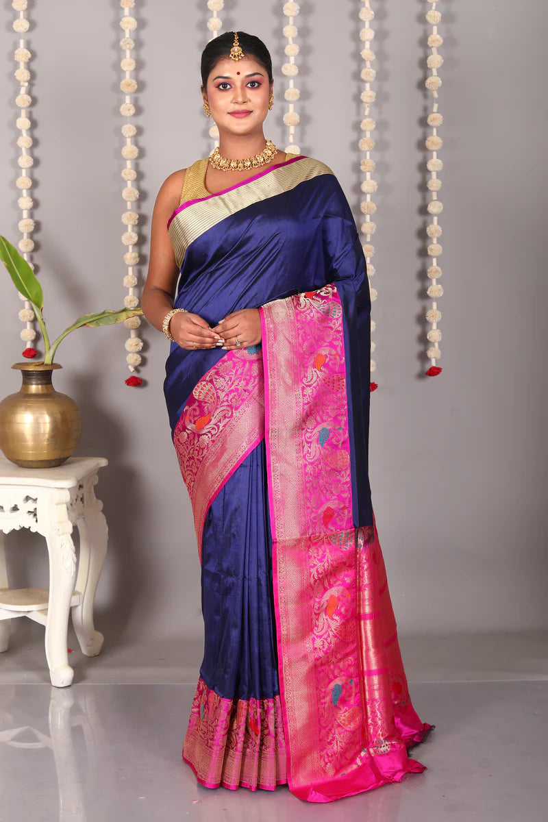 Navy Blue Pure Katan Silk Saree - Keya Seth Exclusive