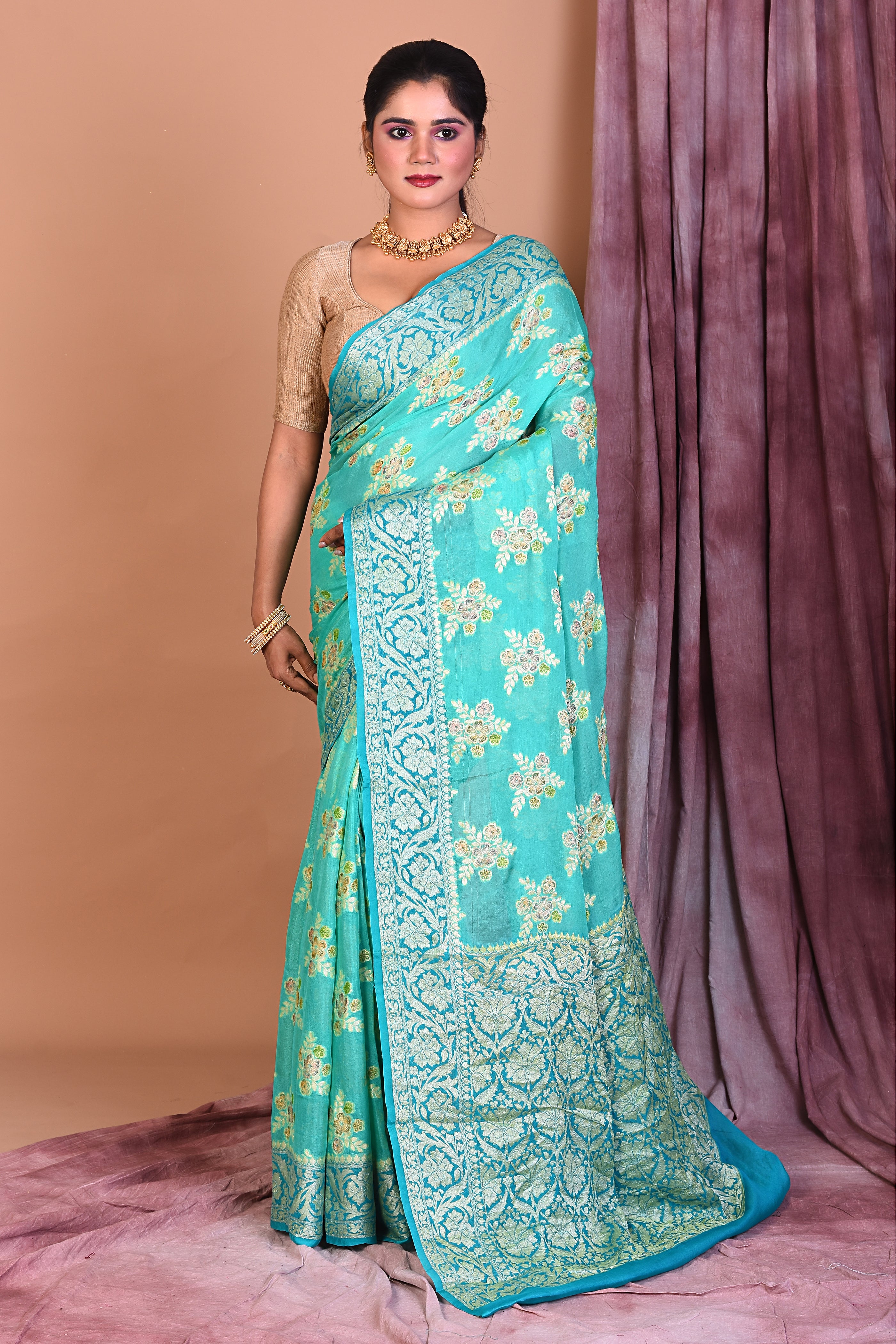 Light Green Khaddi Georgette Saree with Golden Borders - Keya Seth Exclusive