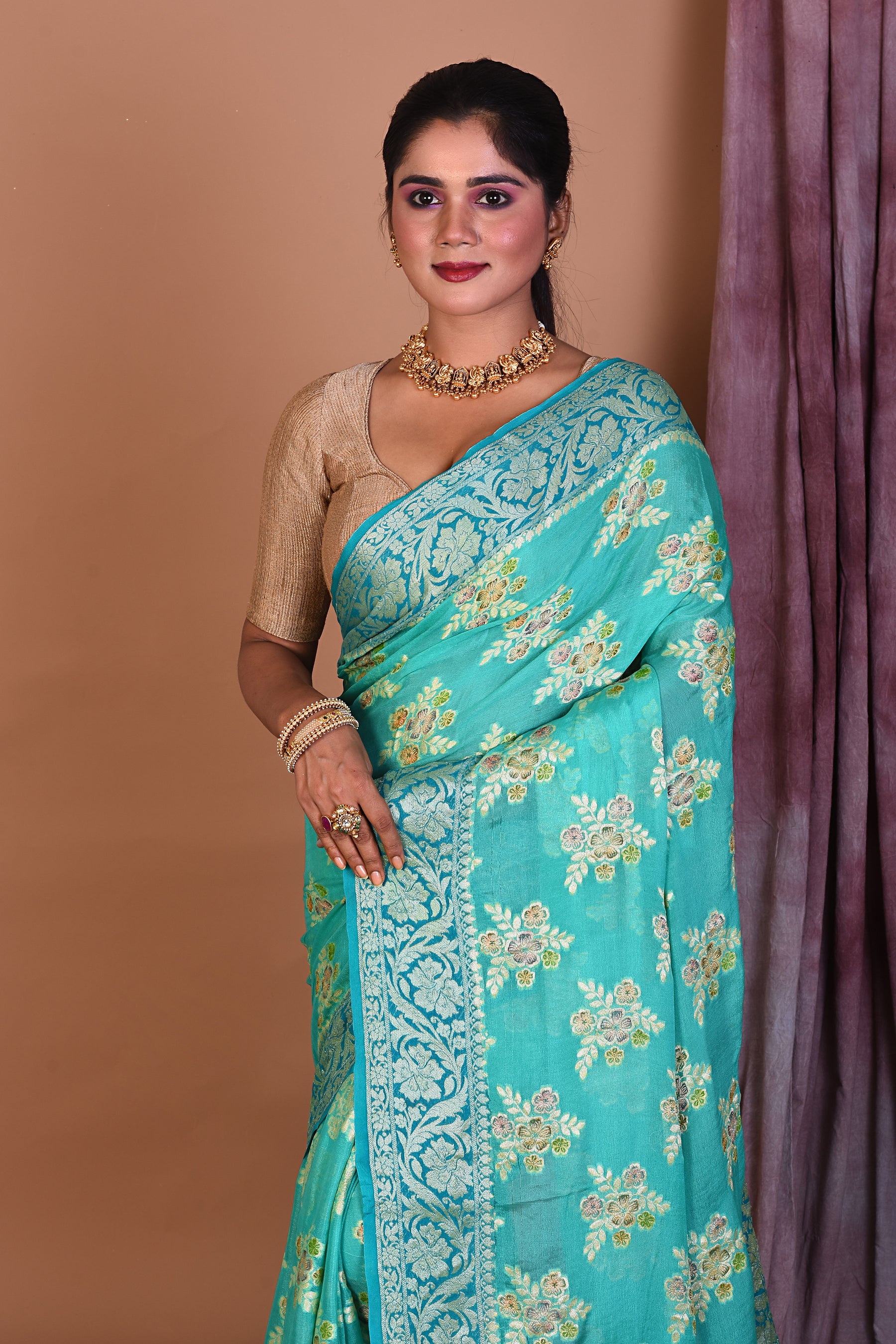 Light Green Khaddi Georgette Saree with Golden Borders - Keya Seth Exclusive