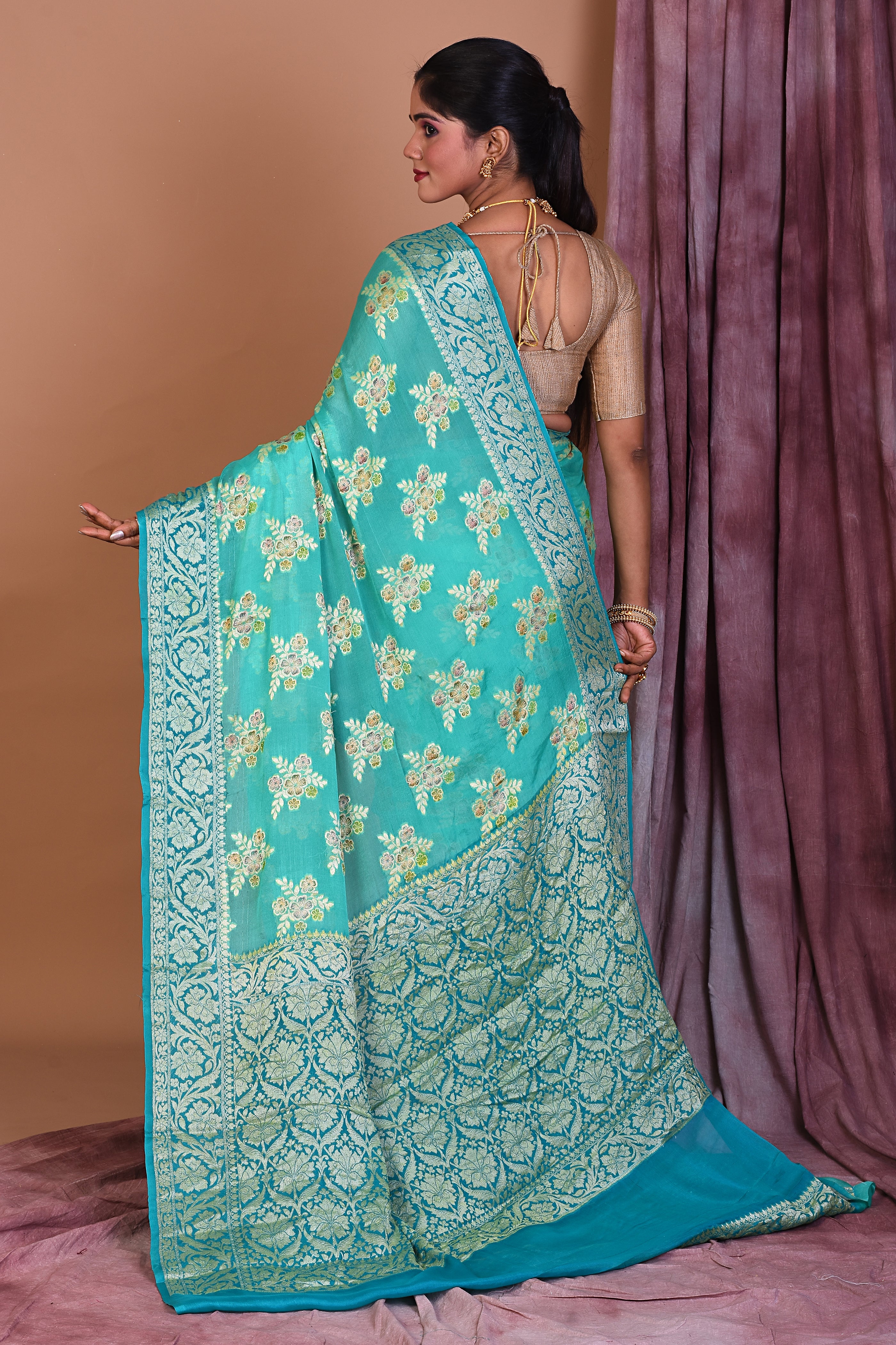 Light Green Khaddi Georgette Saree with Golden Borders - Keya Seth Exclusive