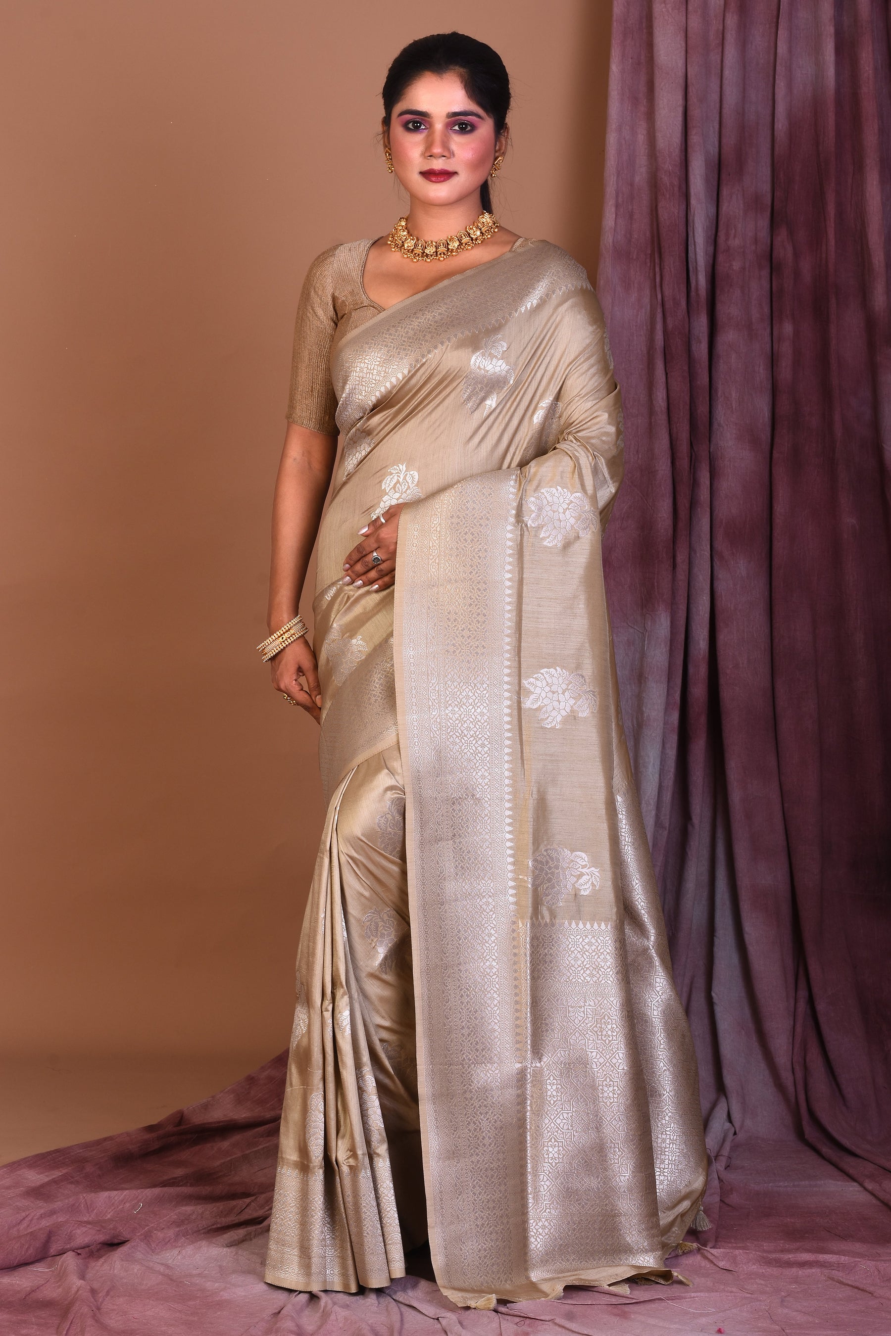 Light Golden Art Silk Saree with Zari Work - Keya Seth Exclusive