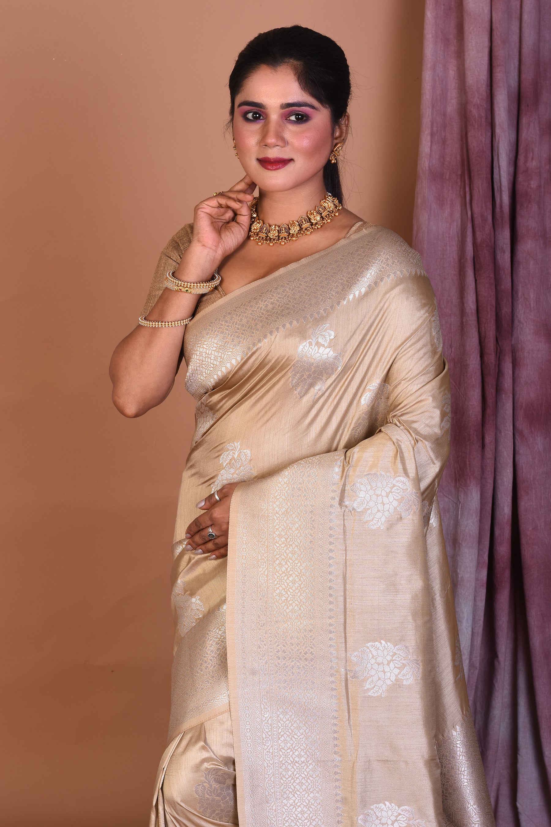 Light Golden Art Silk Saree with Zari Work - Keya Seth Exclusive