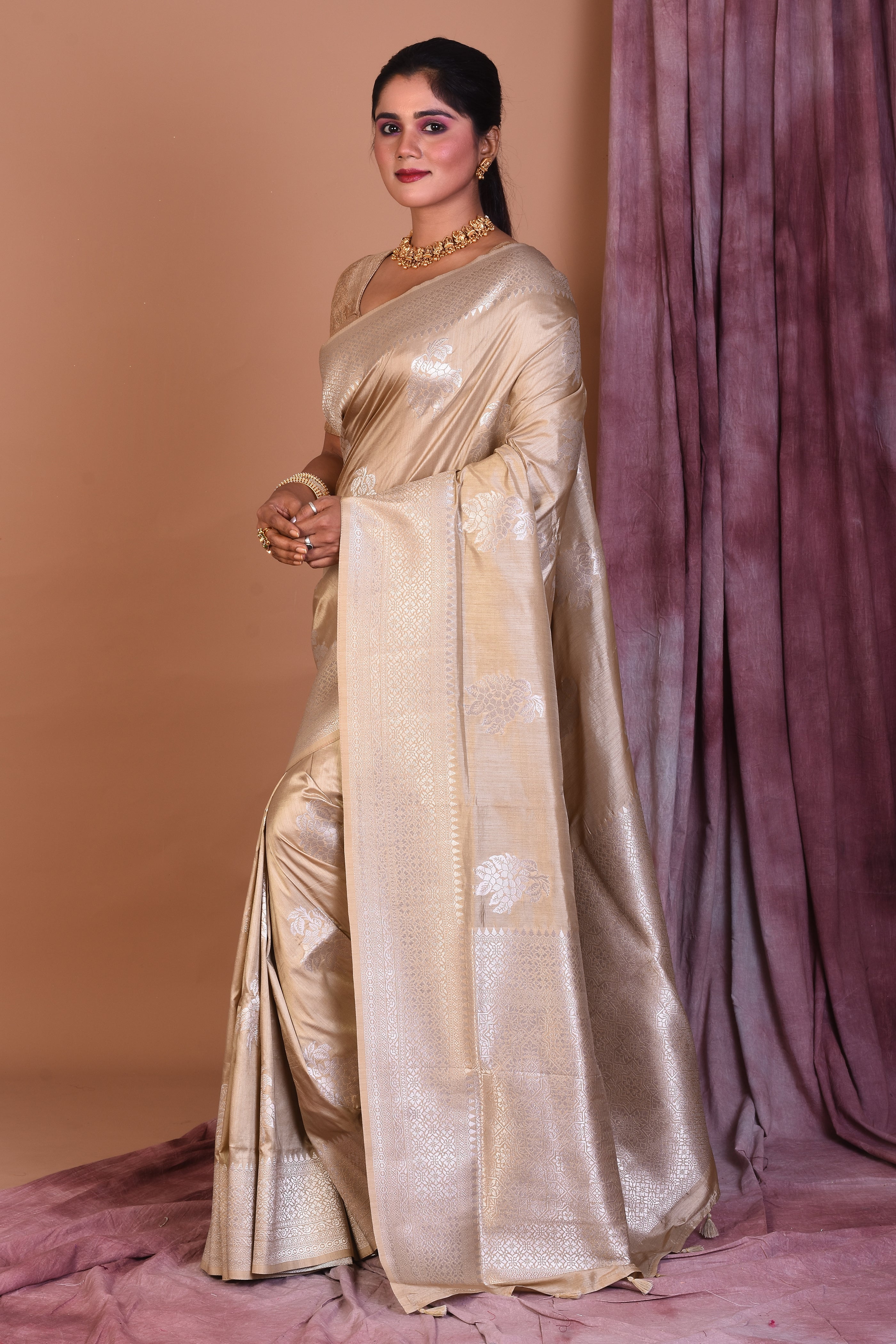 Light Golden Art Silk Saree with Zari Work - Keya Seth Exclusive