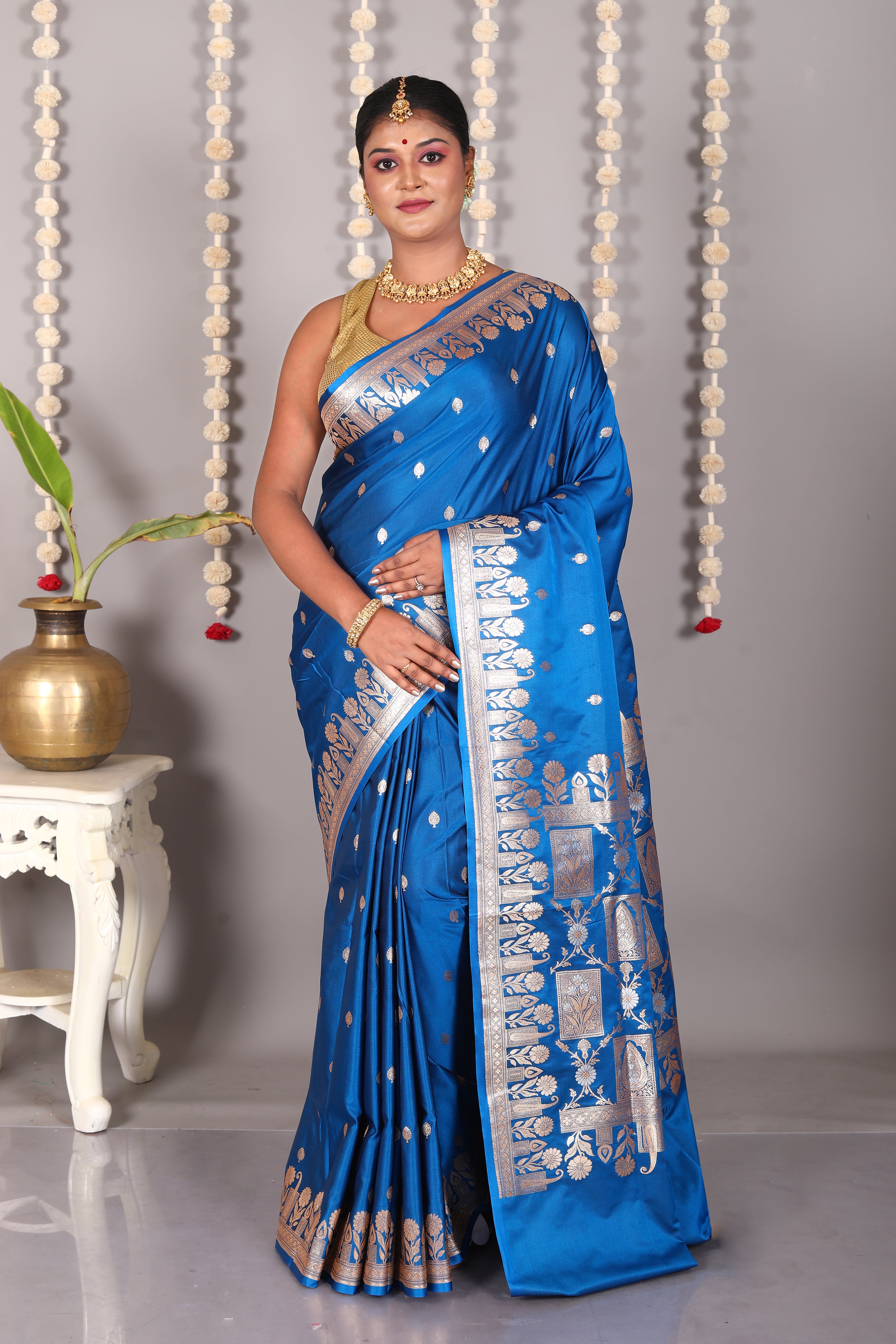 Blue Blended Mashru Katan Banarasi Silk Saree - Keya Seth Exclusive