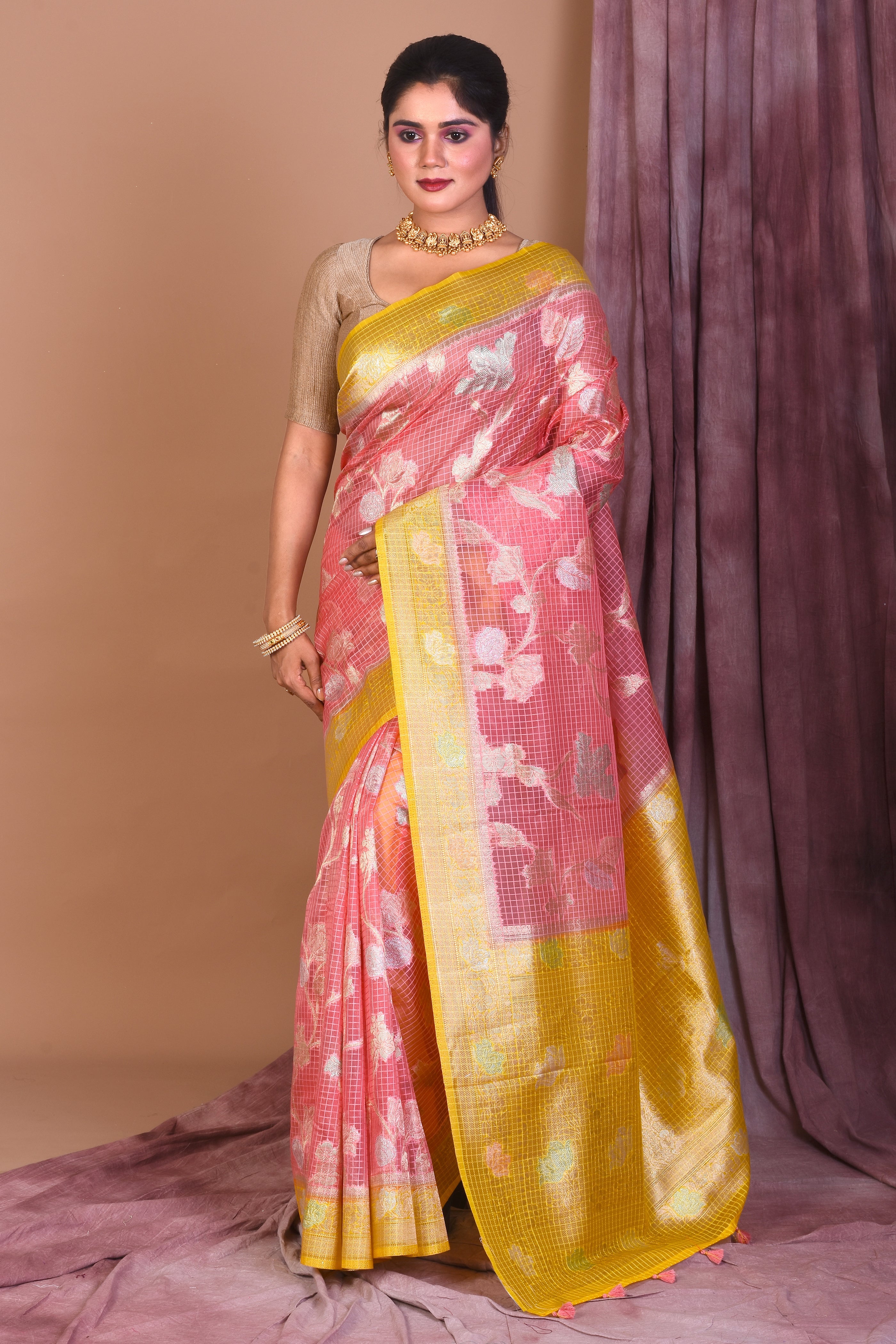 Peach Blended Silk Saree with Yellow Borders - Keya Seth Exclusive