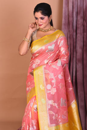 Peach Blended Silk Saree with Yellow Borders - Keya Seth Exclusive