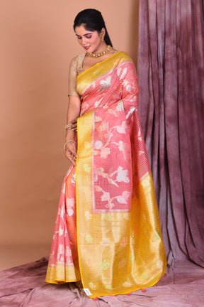 Peach Blended Silk Saree with Yellow Borders - Keya Seth Exclusive