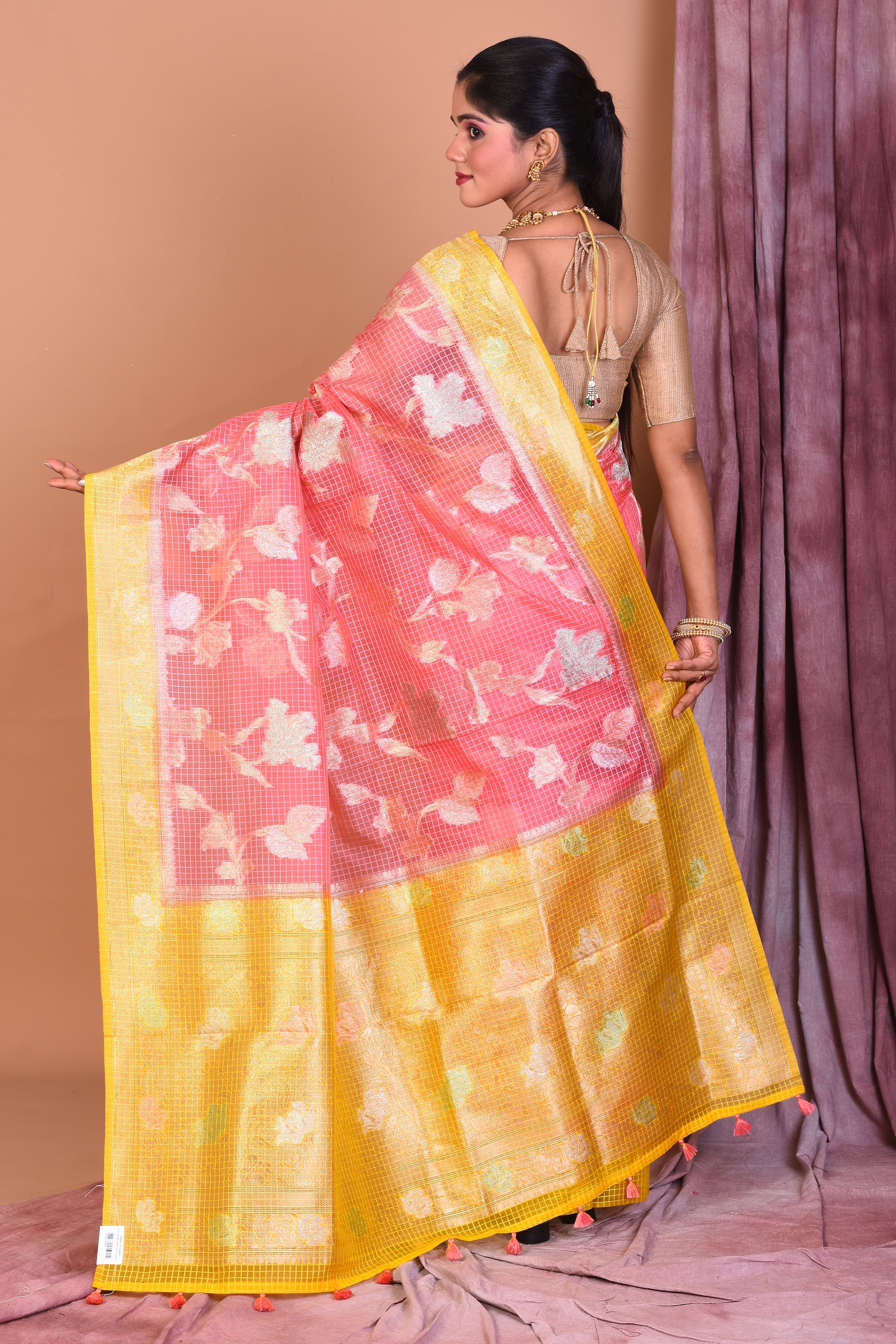 Peach Blended Silk Saree with Yellow Borders - Keya Seth Exclusive