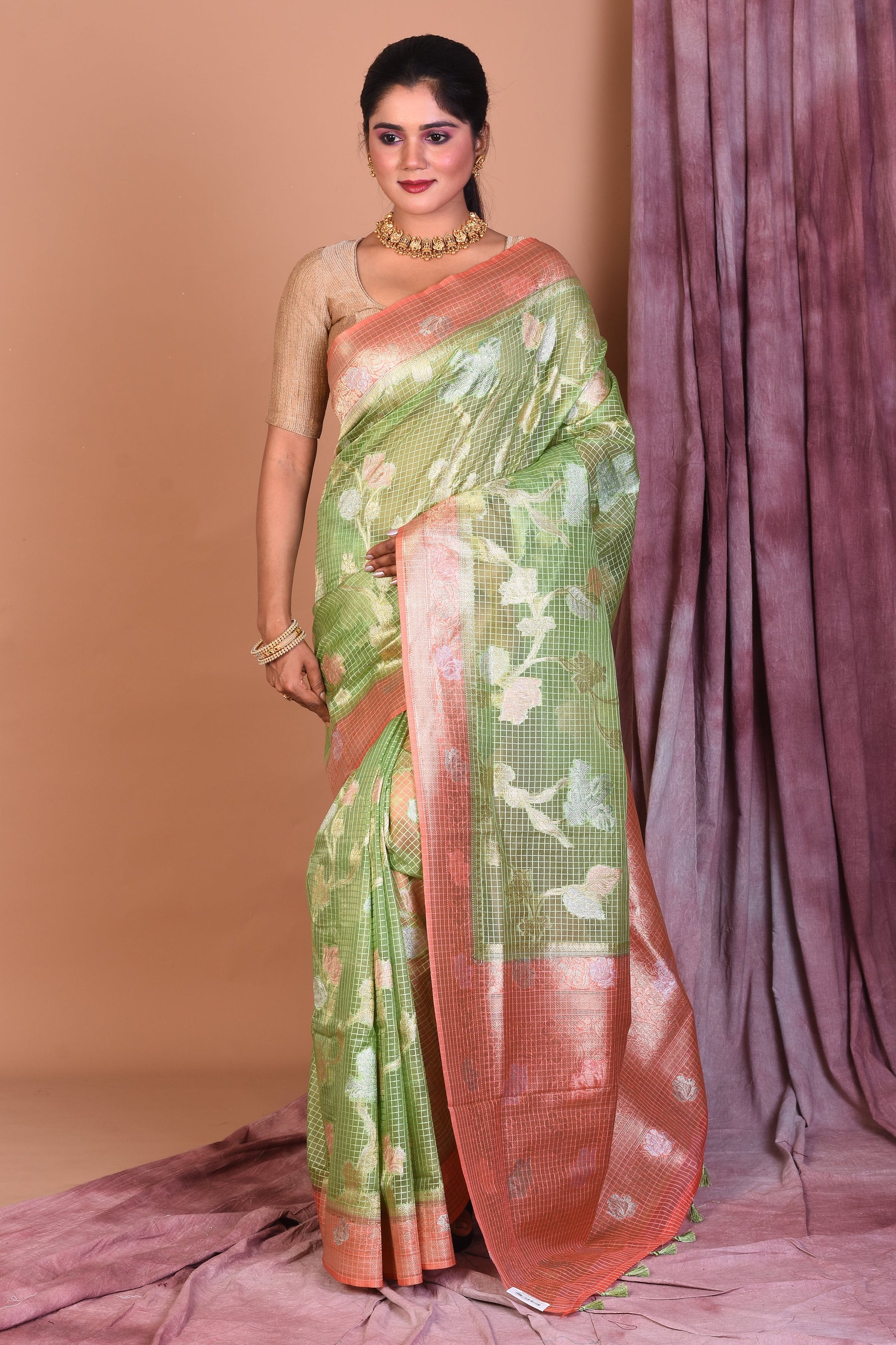 Light Green Blended Silk Saree with Peach Borders - Keya Seth Exclusive