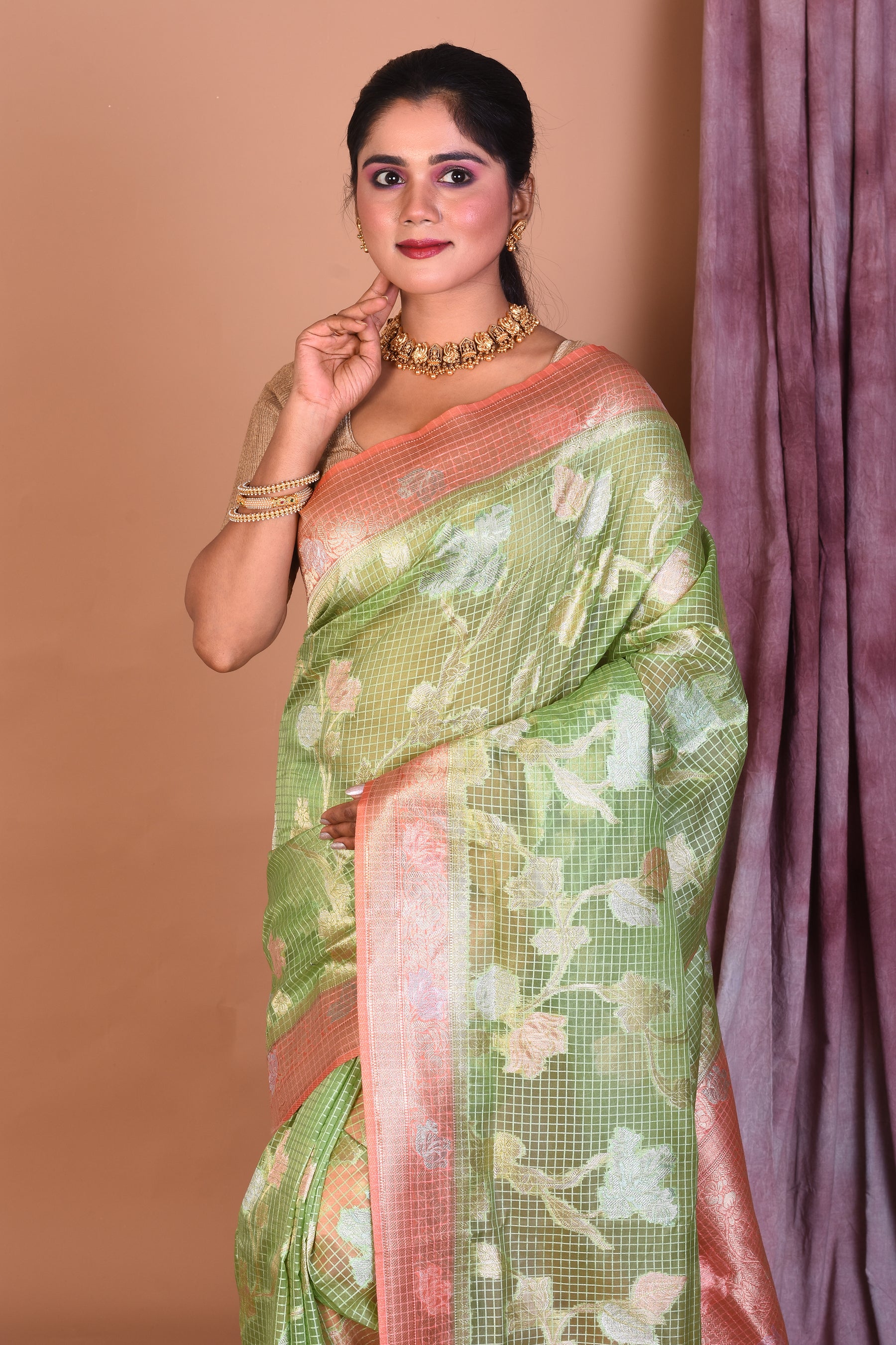 Light Green Blended Silk Saree with Peach Borders - Keya Seth Exclusive