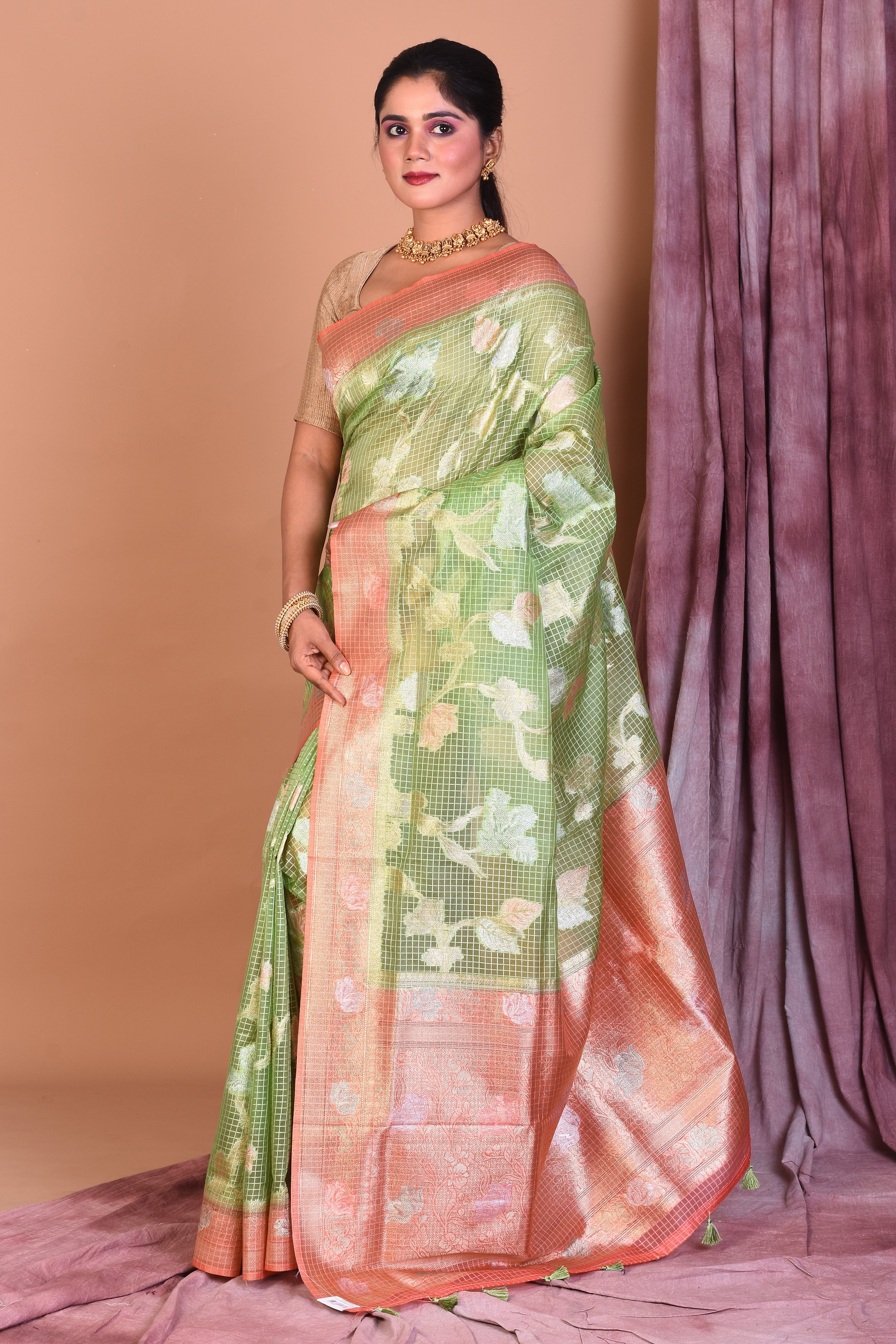 Light Green Blended Silk Saree with Peach Borders - Keya Seth Exclusive