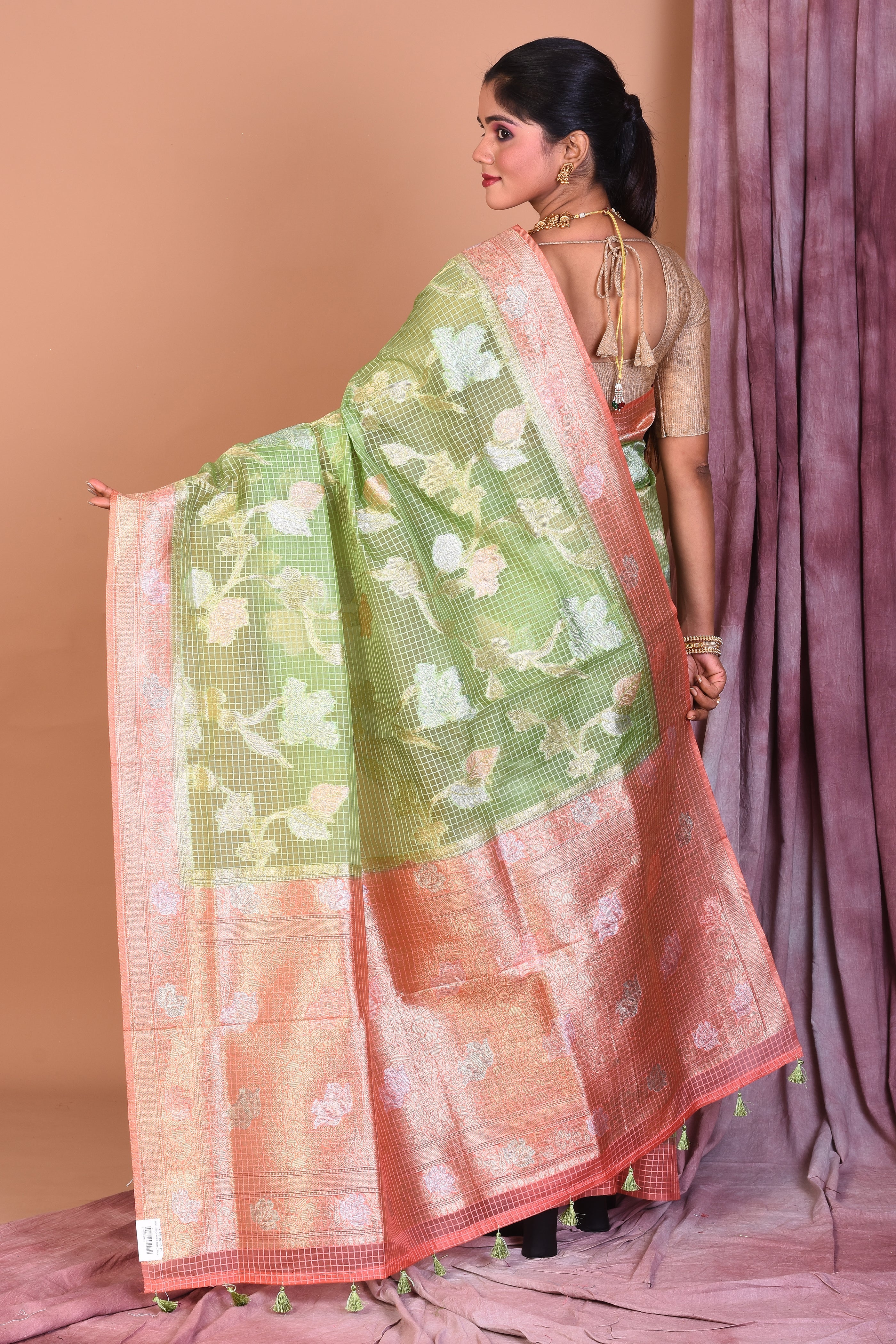 Light Green Blended Silk Saree with Peach Borders - Keya Seth Exclusive