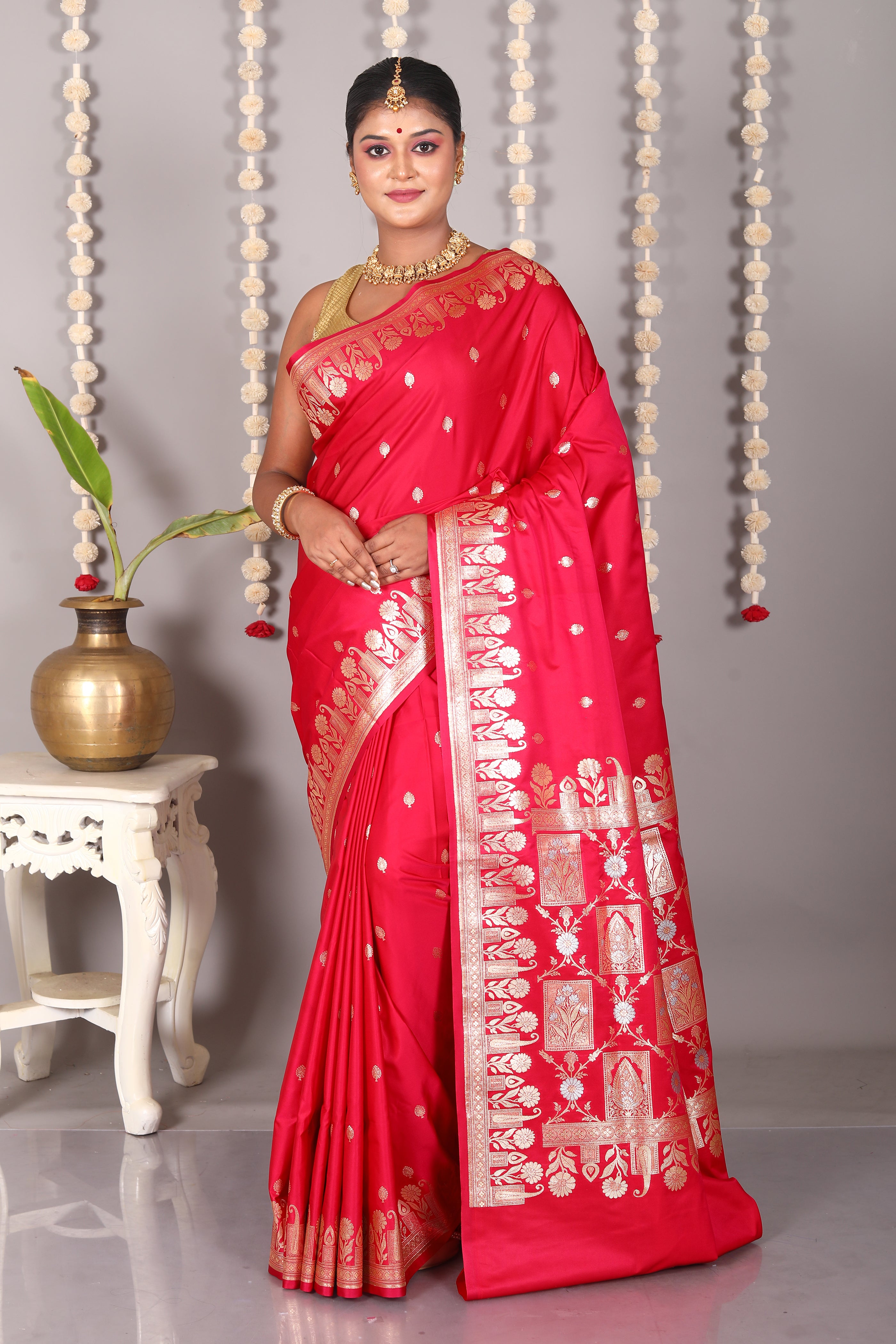 Red Blended Mashru Katan Banarasi Silk Saree - Keya Seth Exclusive