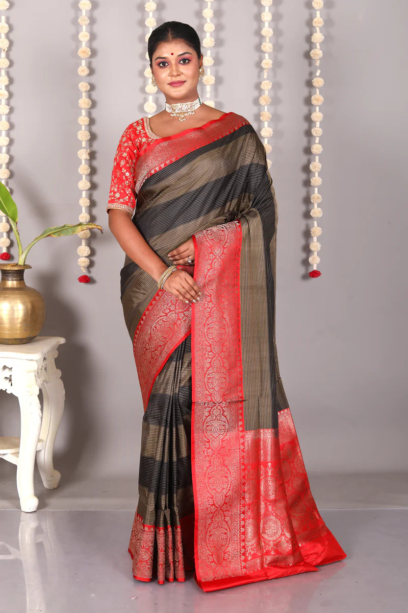 Black Striped Pure Katan Silk Saree - Keya Seth Exclusive
