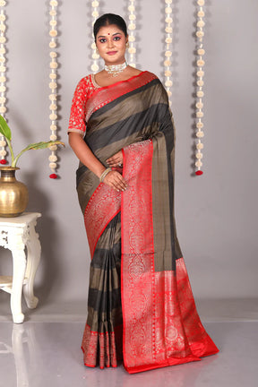 Black Striped Pure Katan Silk Saree - Keya Seth Exclusive
