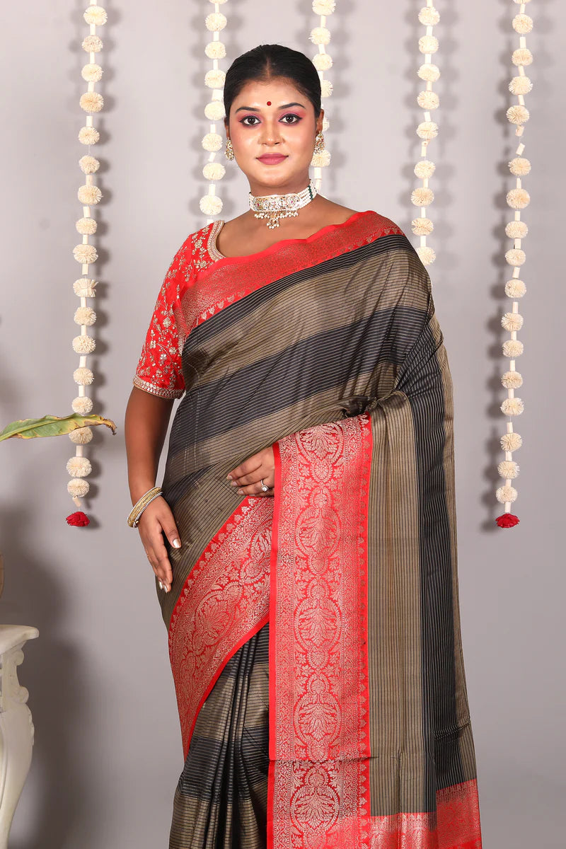 Black Striped Pure Katan Silk Saree - Keya Seth Exclusive