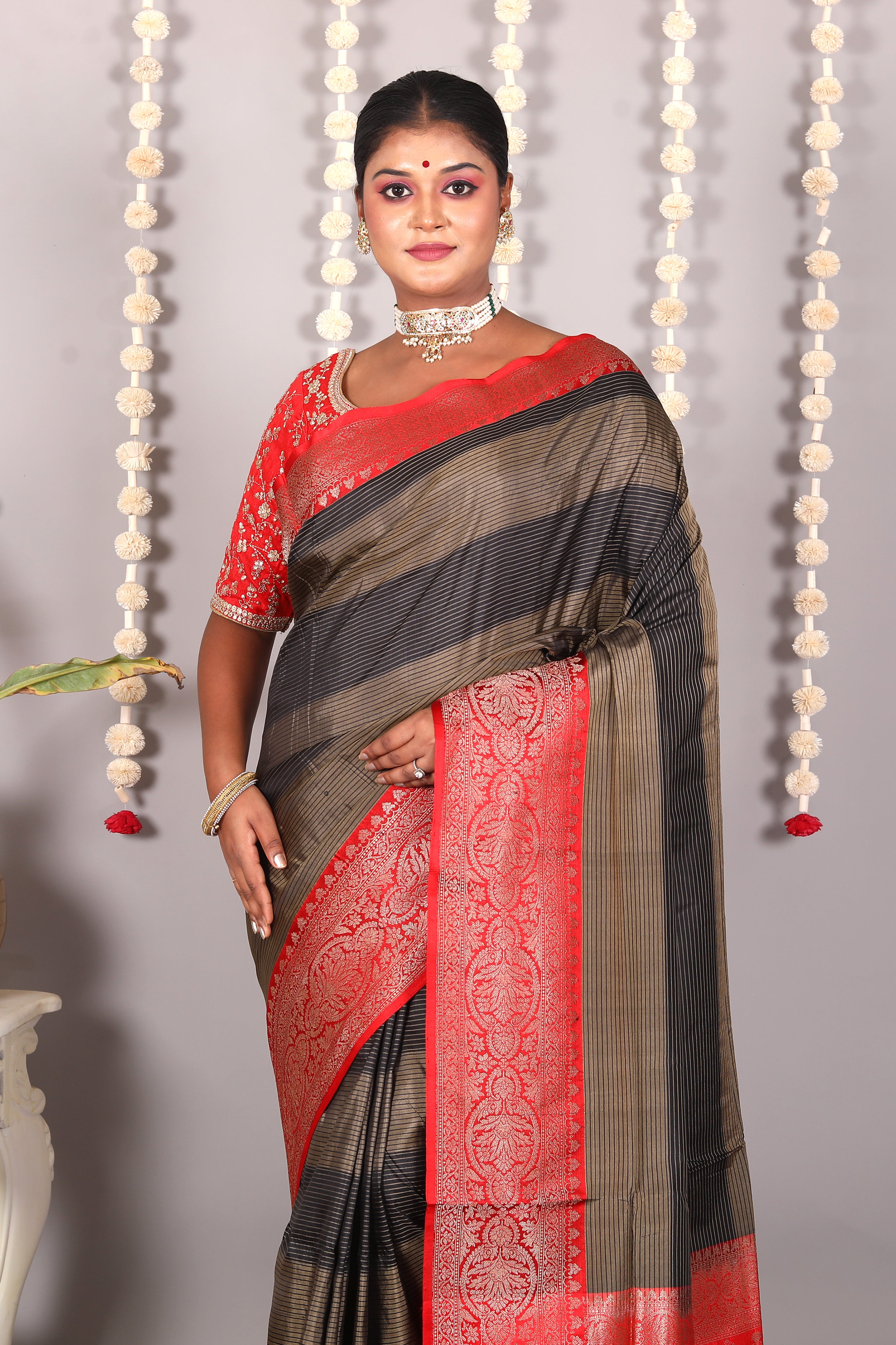 Black Striped Pure Katan Silk Saree - Keya Seth Exclusive