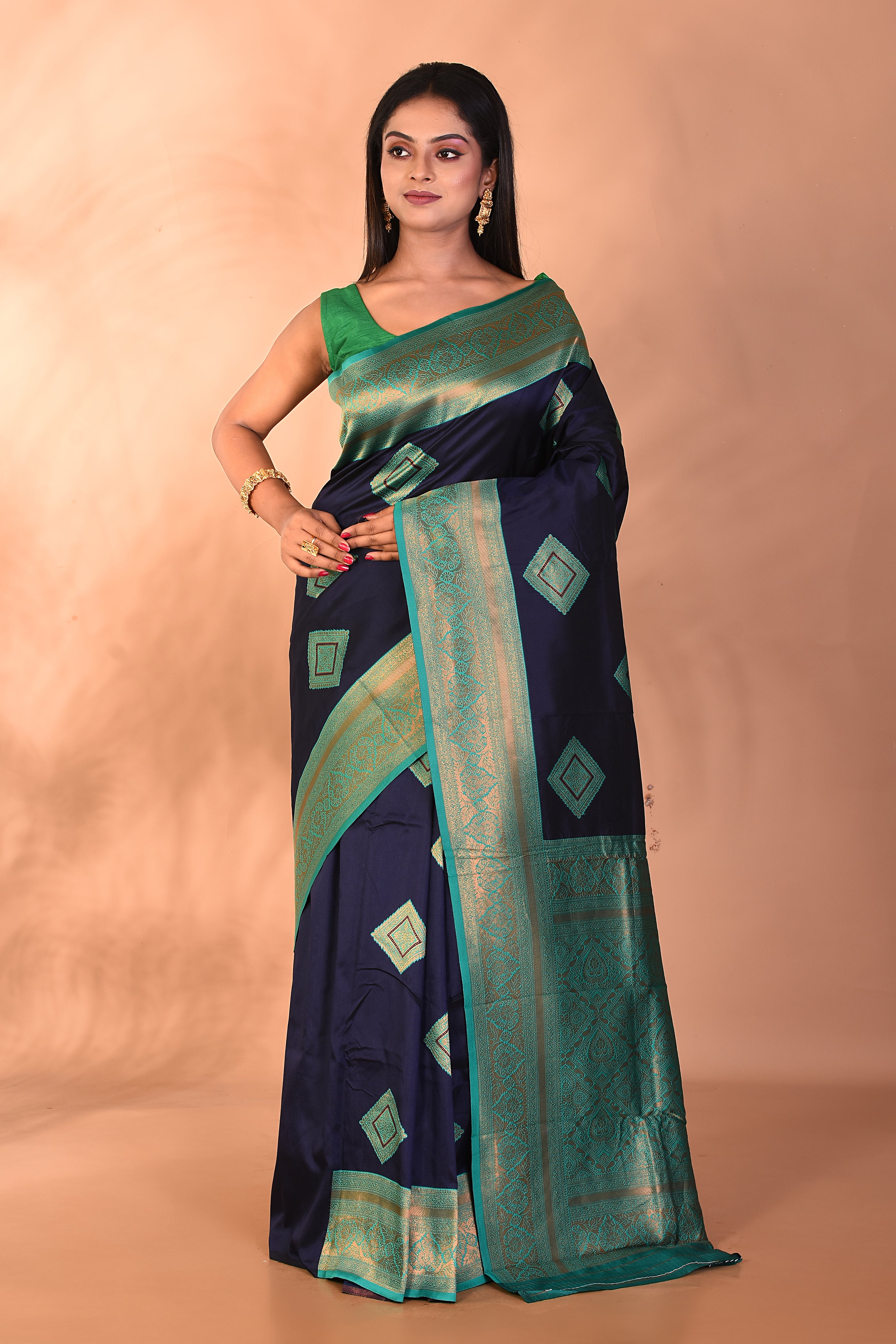 Navy Blue Blended Katan Silk Saree - Keya Seth Exclusive
