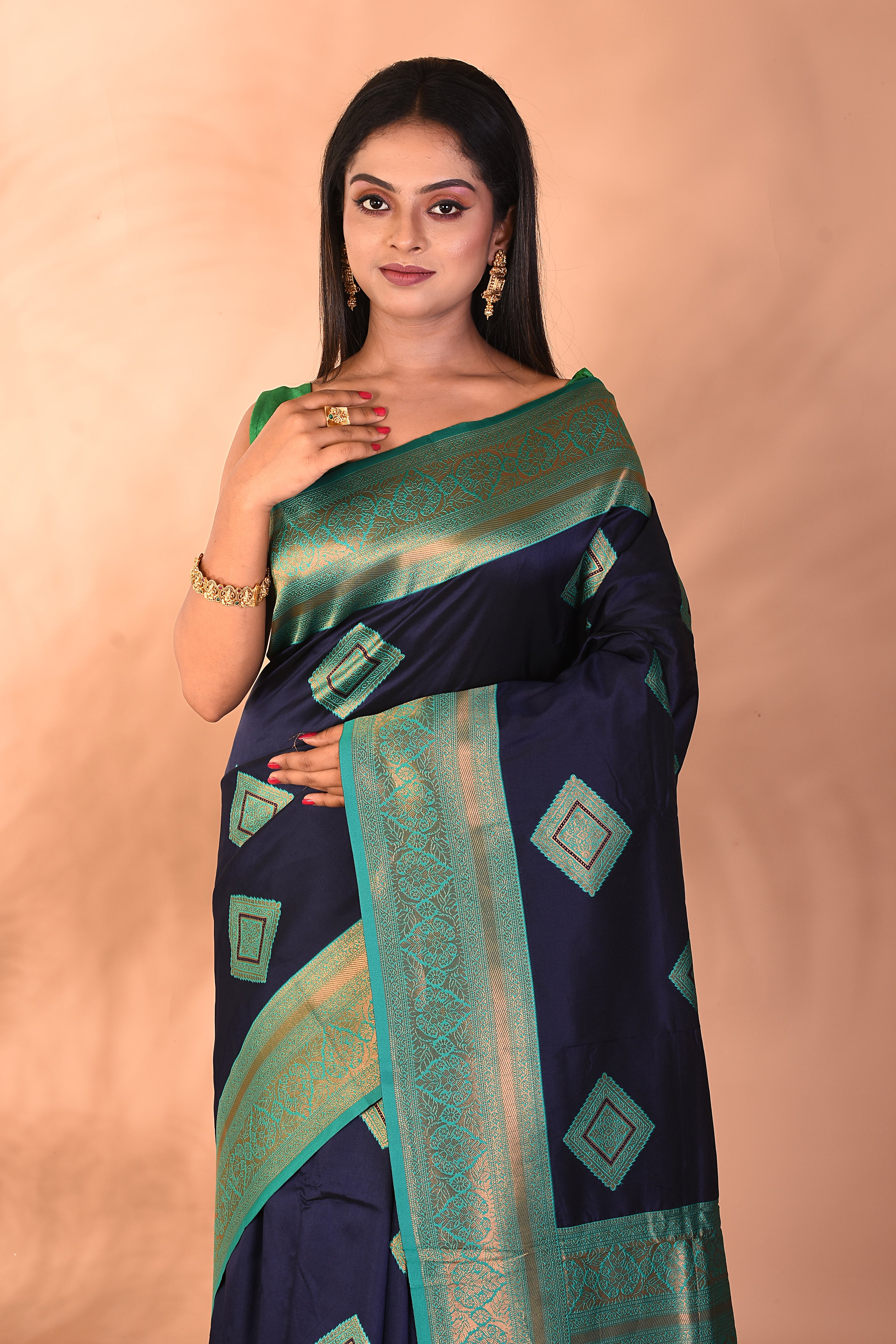 Navy Blue Blended Katan Silk Saree - Keya Seth Exclusive