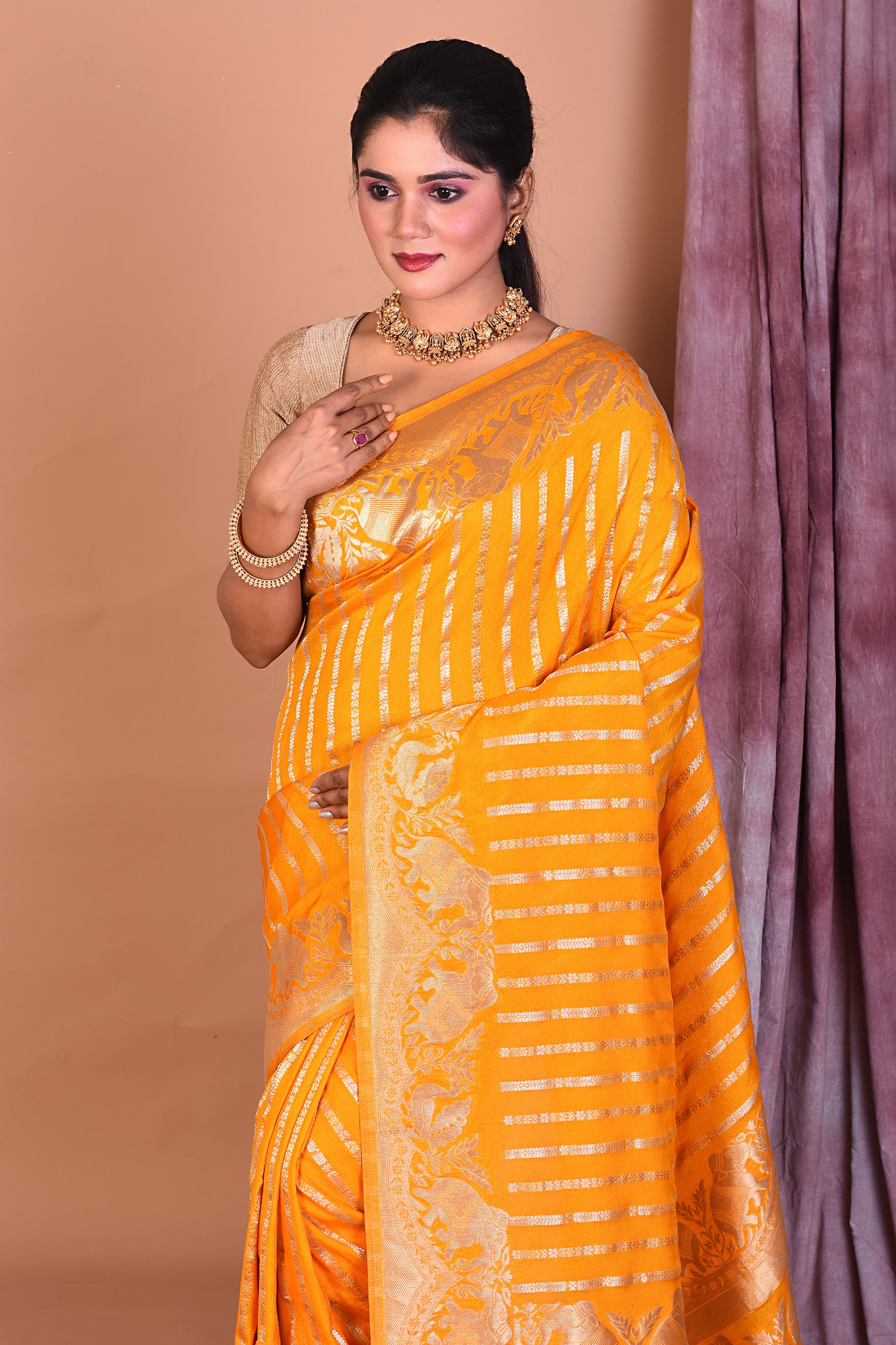 Yellow Blended Khaddi Saree with Zari Work - Keya Seth Exclusive