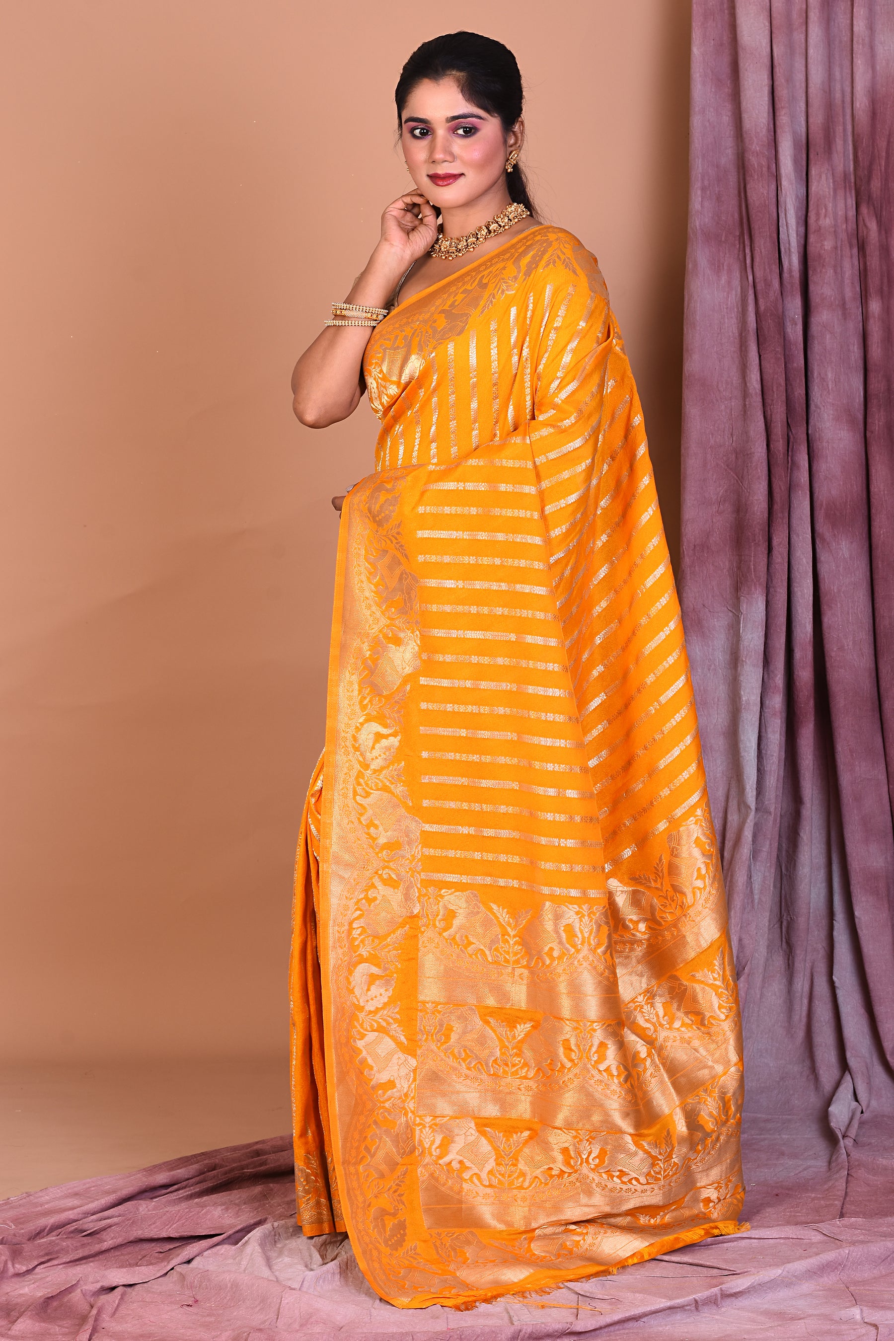 Yellow Blended Khaddi Saree with Zari Work - Keya Seth Exclusive