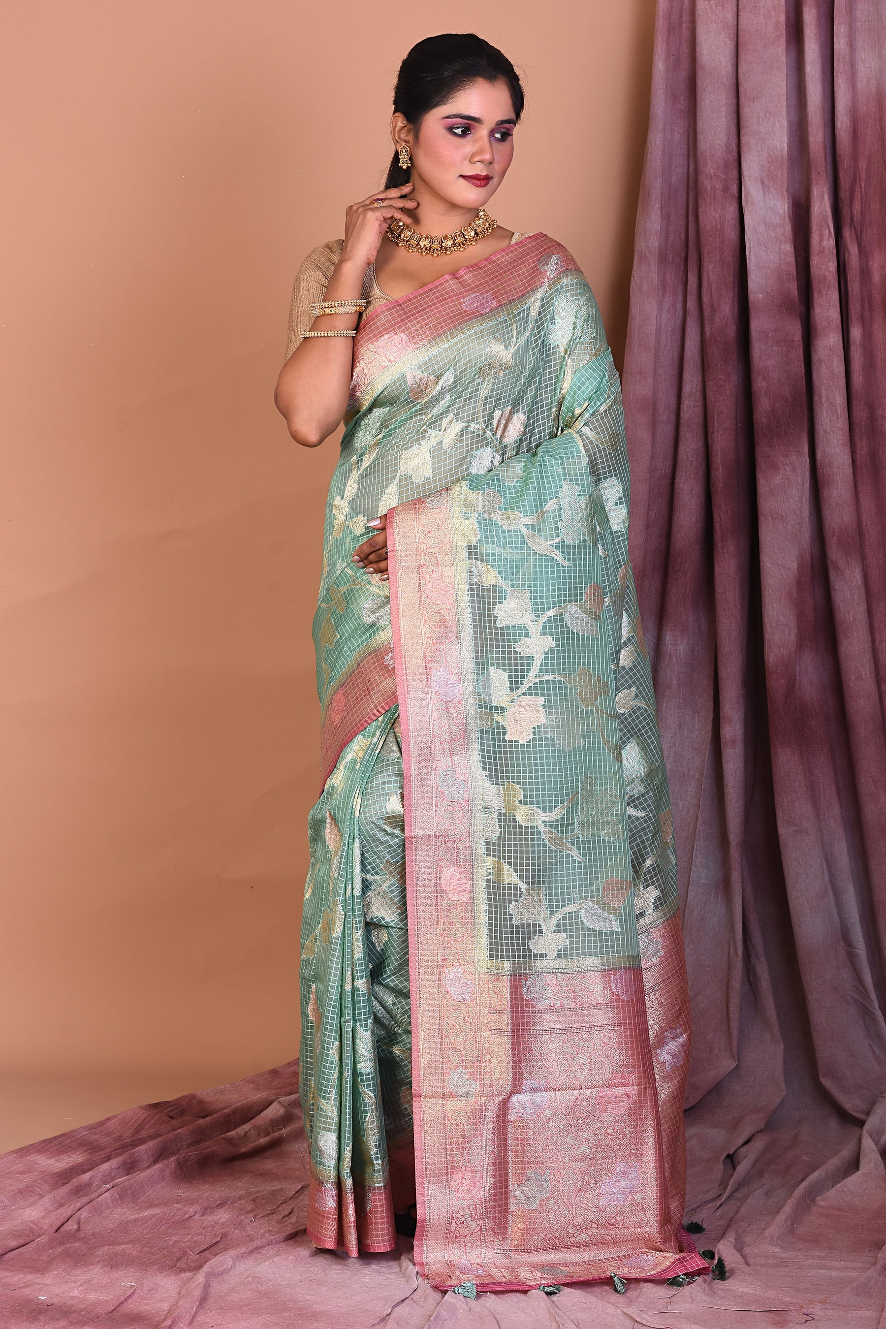 Light Green Blended Silk Saree with Pink Borders - Keya Seth Exclusive