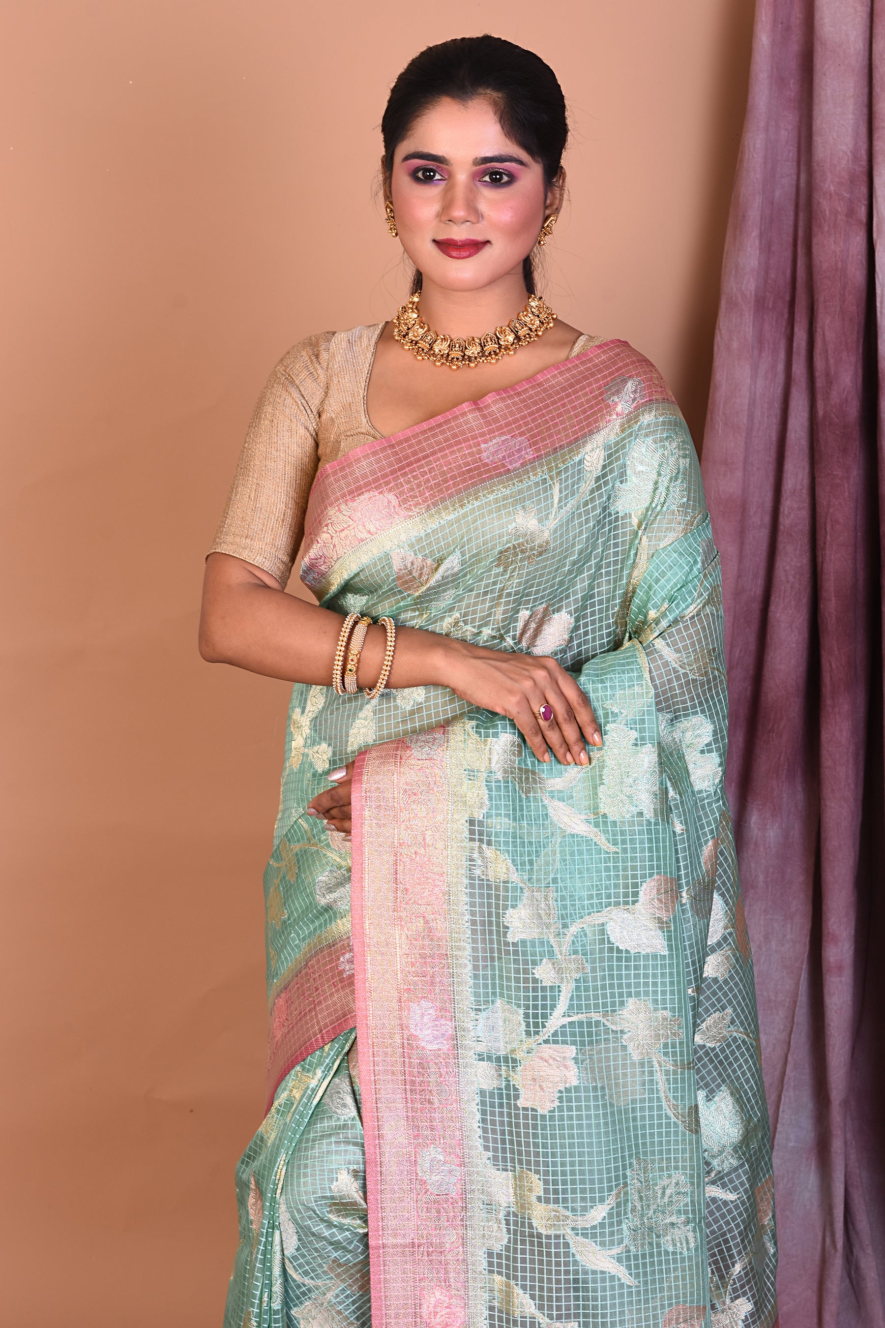 Light Green Blended Silk Saree with Pink Borders - Keya Seth Exclusive