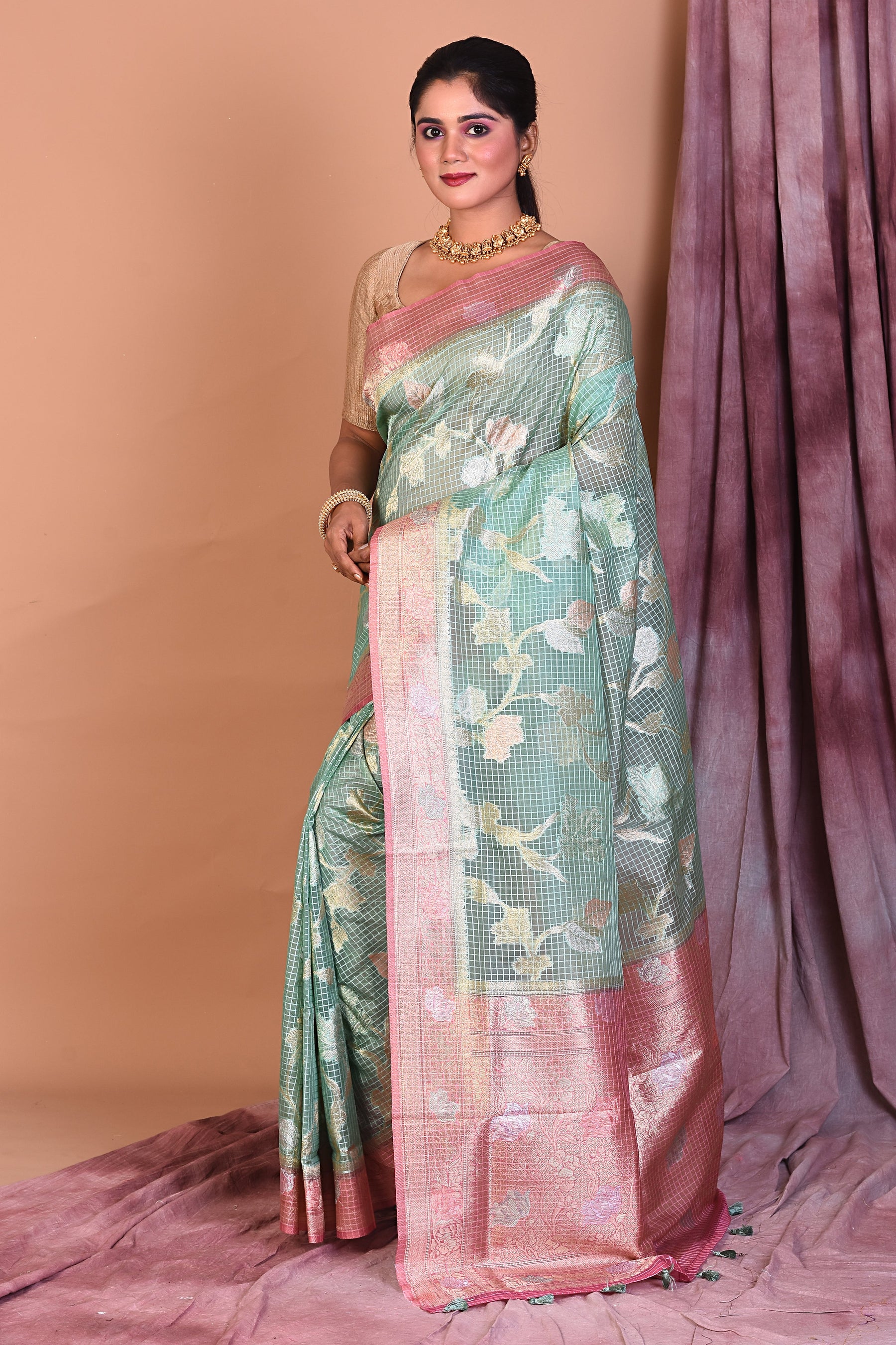 Light Green Blended Silk Saree with Pink Borders - Keya Seth Exclusive