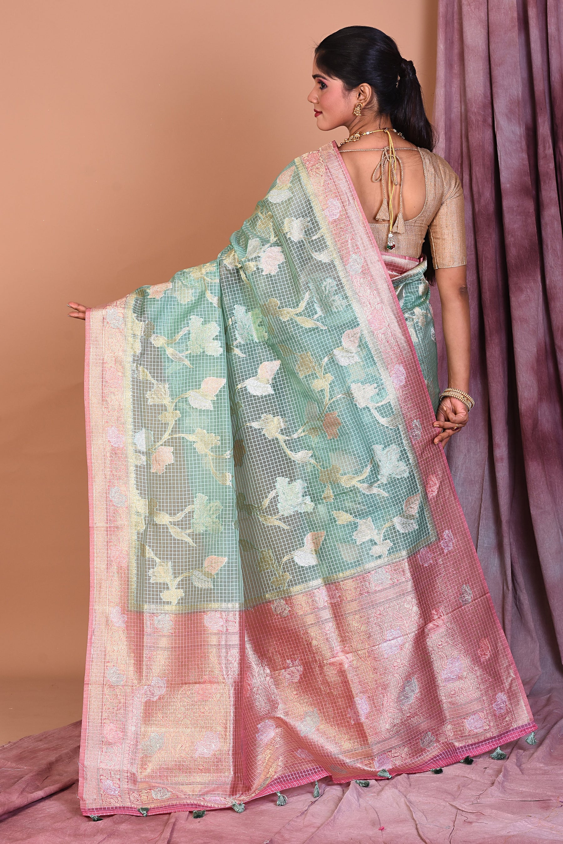 Light Green Blended Silk Saree with Pink Borders - Keya Seth Exclusive