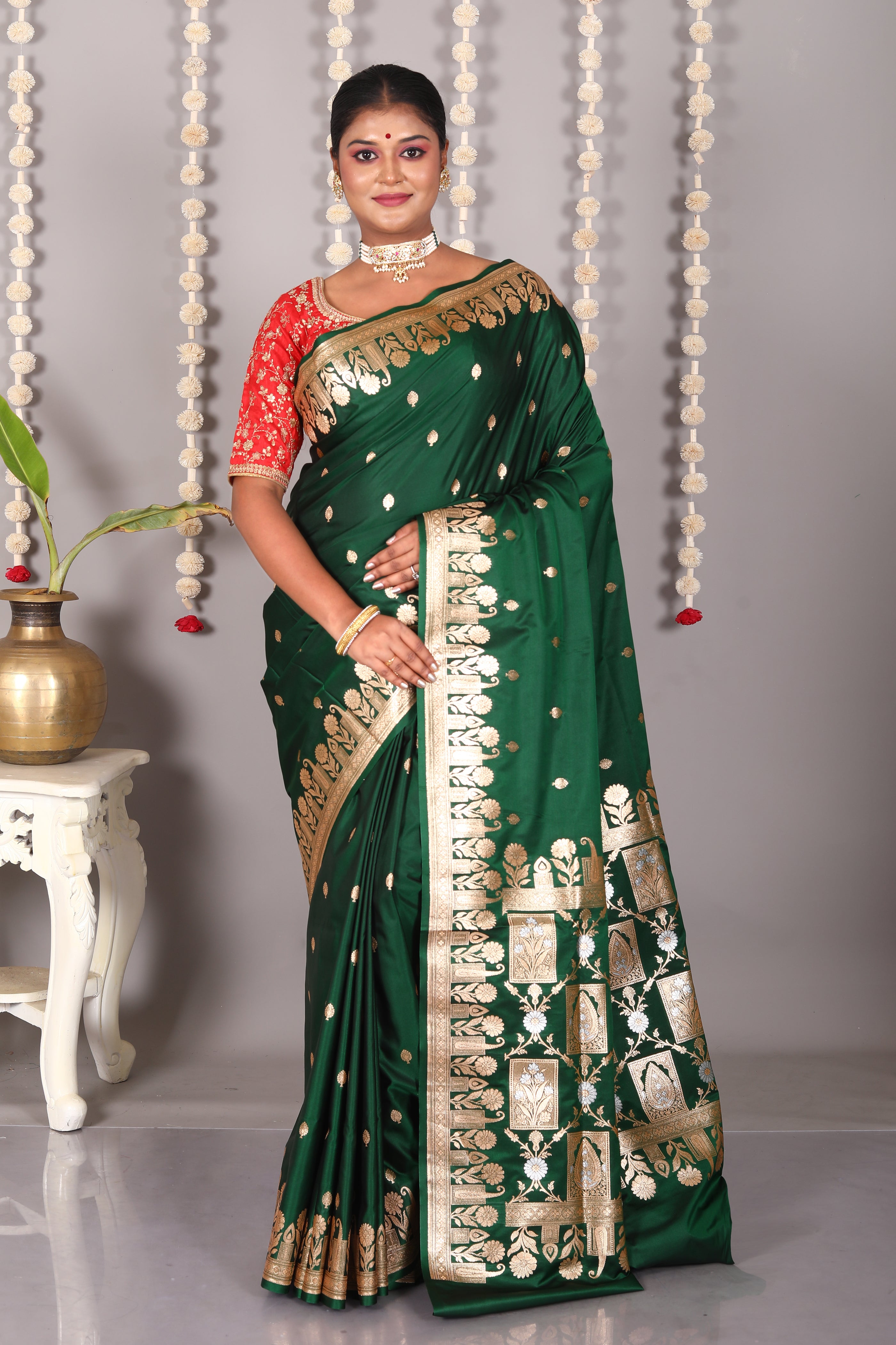 Bottle Green Blended Mashru Katan Banarasi Silk Saree - Keya Seth Exclusive
