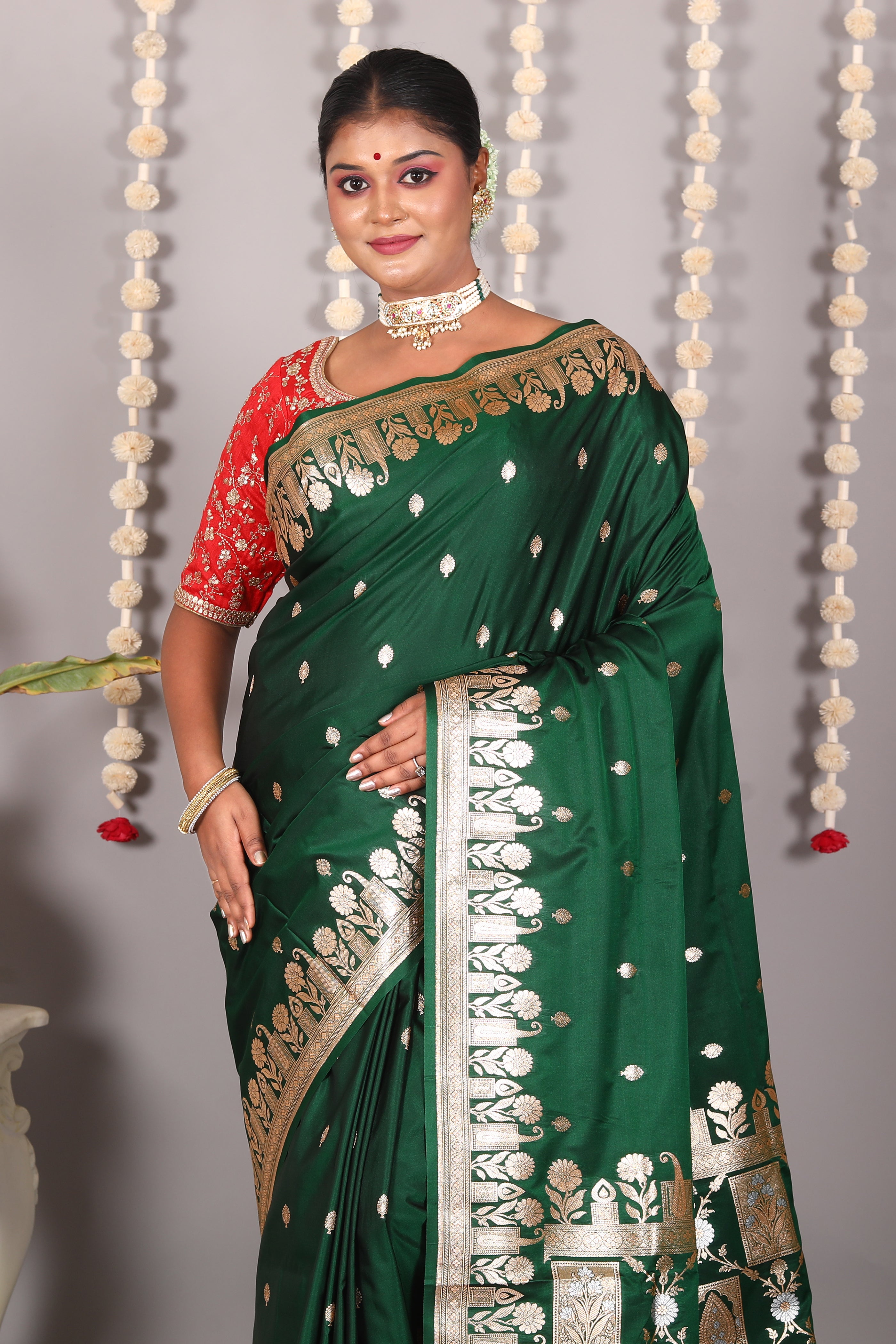 Bottle Green Blended Mashru Katan Banarasi Silk Saree - Keya Seth Exclusive