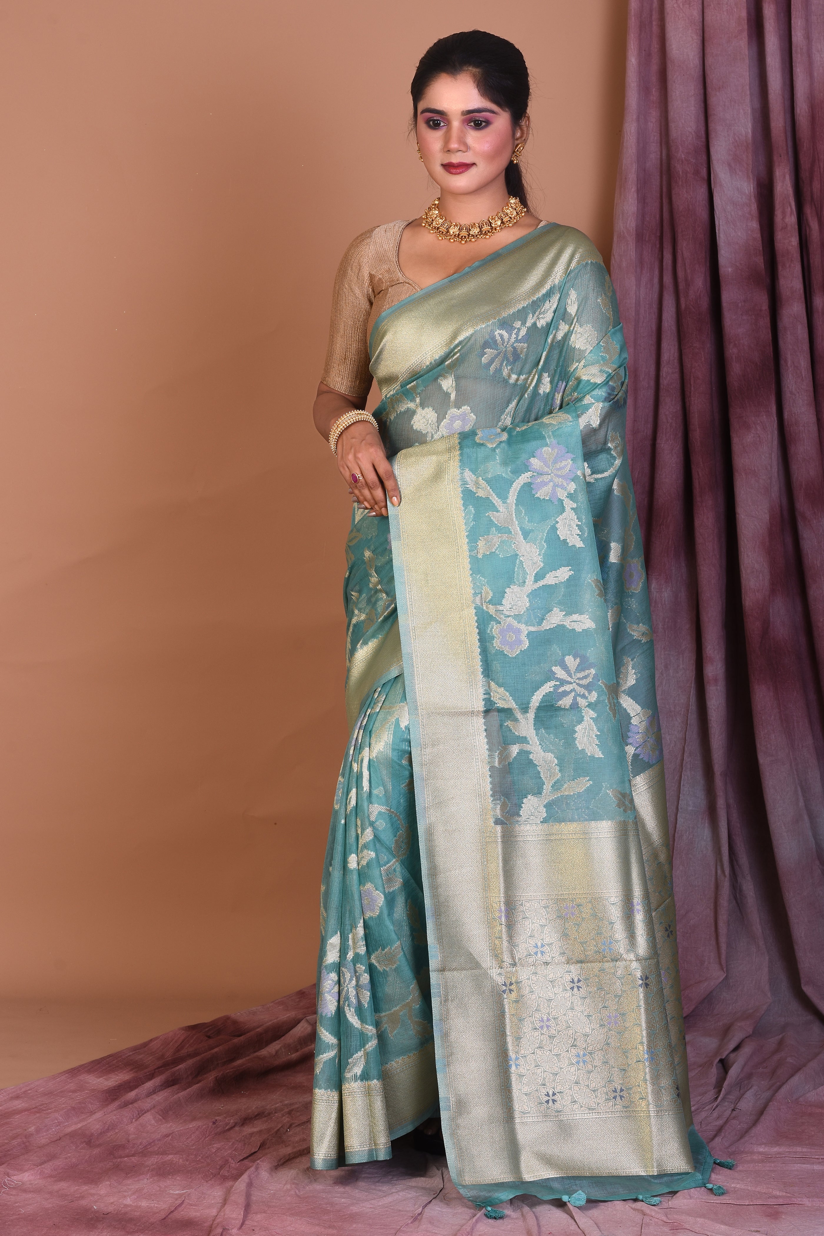 Light Green Blended Silk Saree with Golden Borders - Keya Seth Exclusive