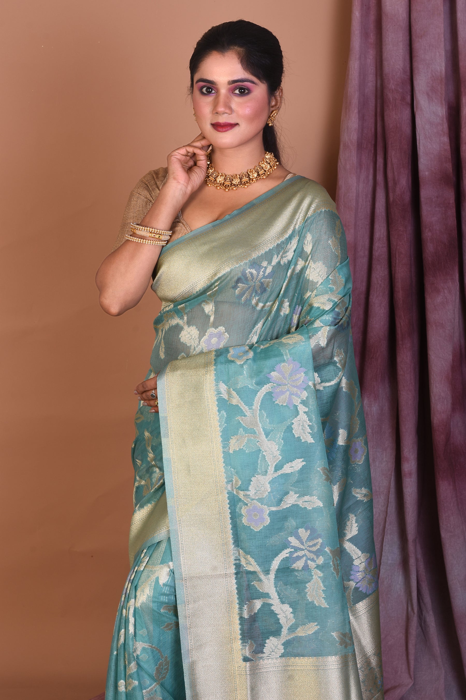 Light Green Blended Silk Saree with Golden Borders - Keya Seth Exclusive