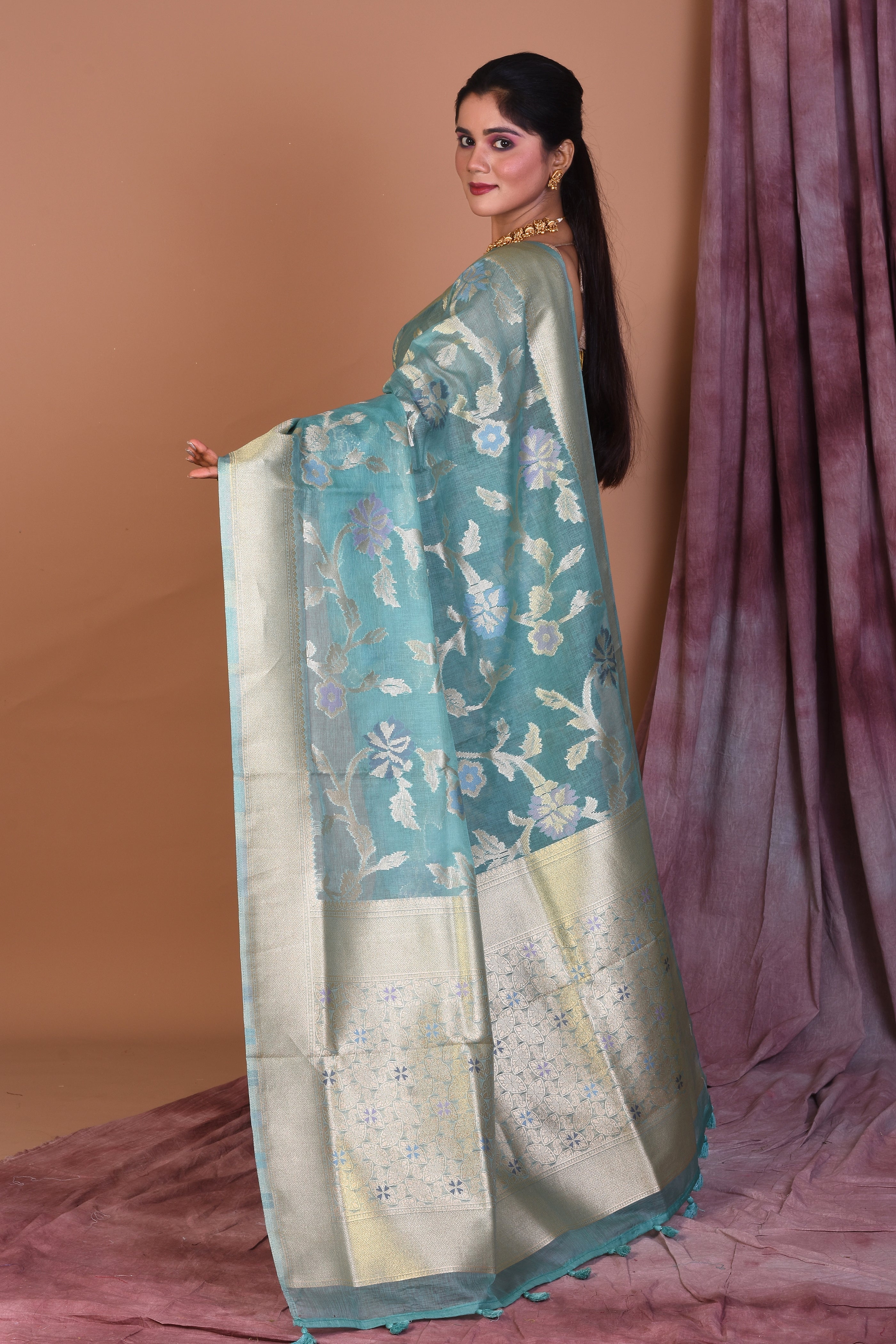 Light Green Blended Silk Saree with Golden Borders - Keya Seth Exclusive