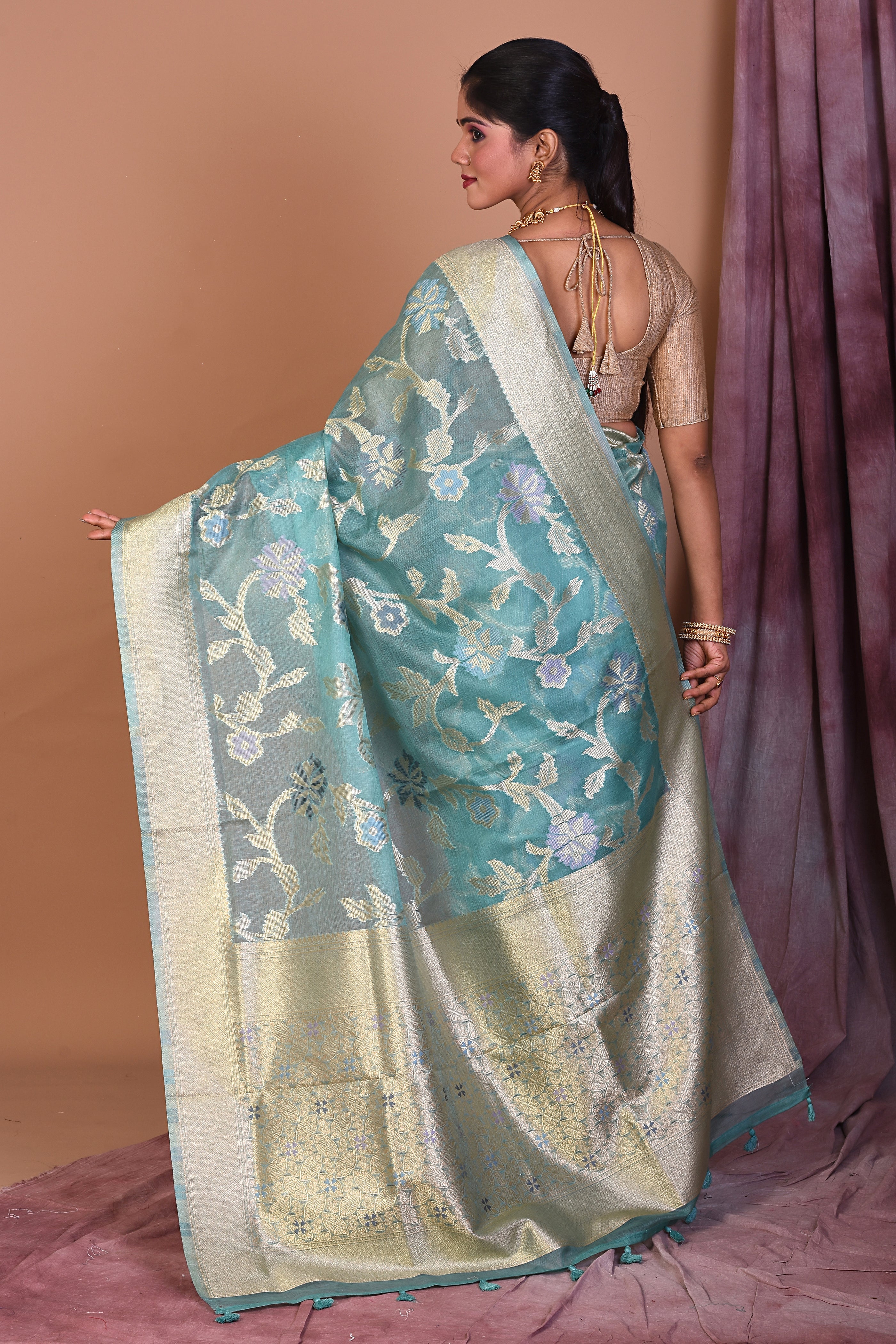 Light Green Blended Silk Saree with Golden Borders - Keya Seth Exclusive