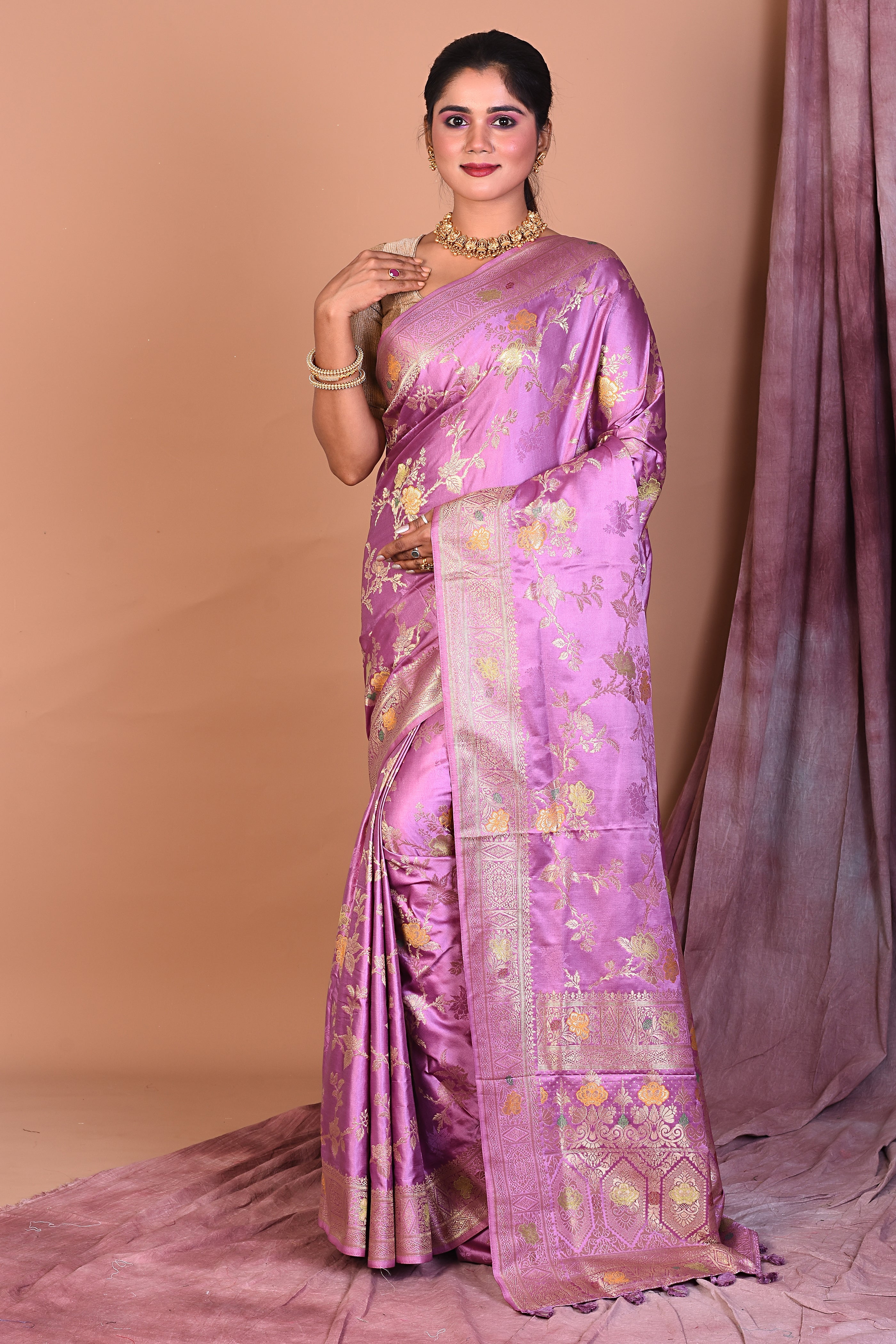 Mauve Satin Silk Saree with Floral Work - Keya Seth Exclusive