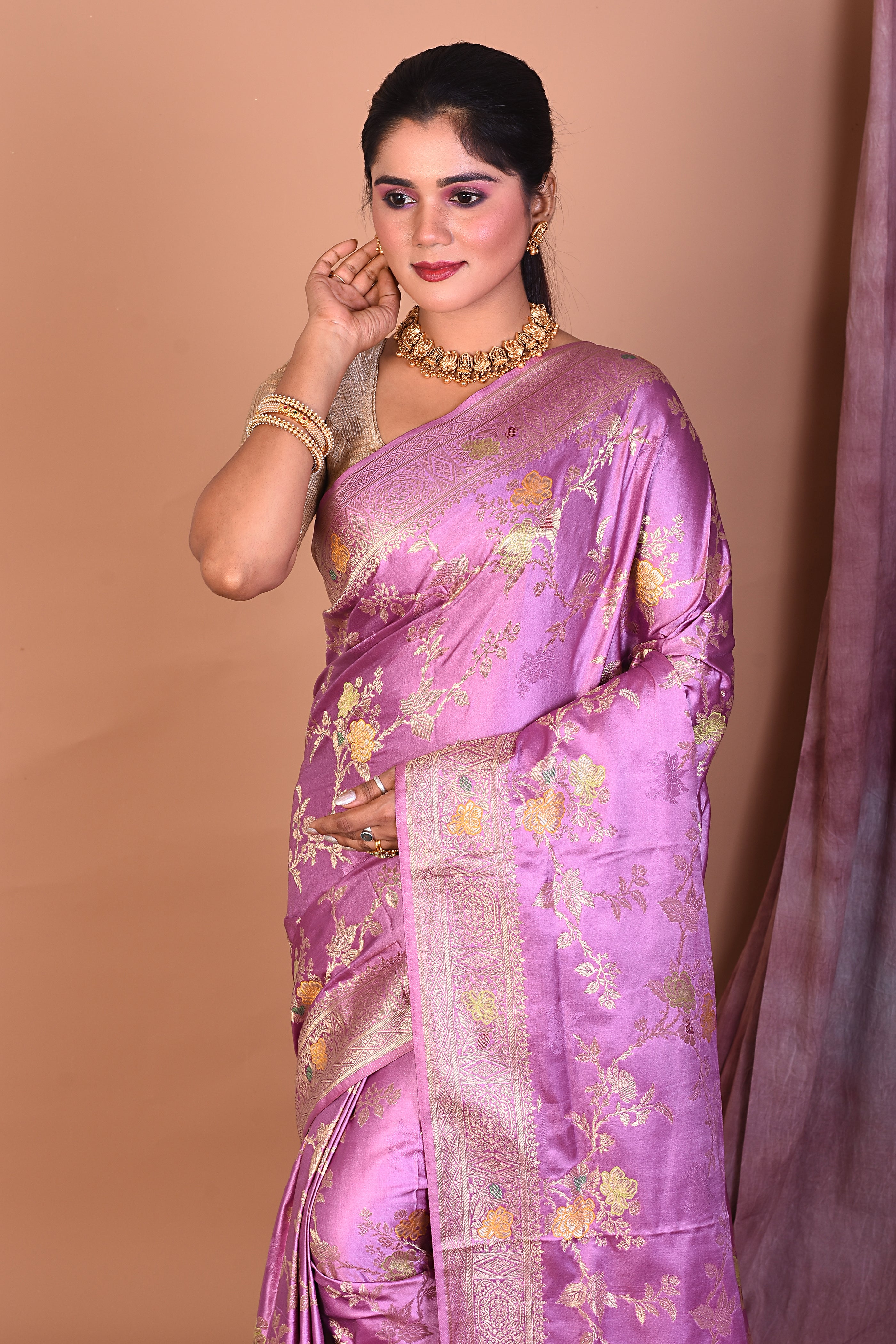 Mauve Satin Silk Saree with Floral Work - Keya Seth Exclusive