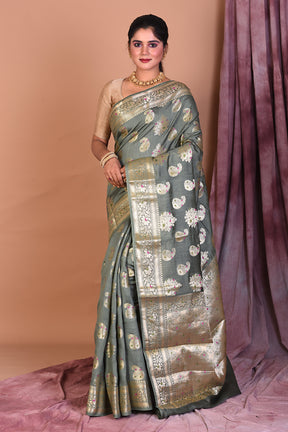 Olive Green Pure Chiniya Silk Saree with Golden Zari - Keya Seth Exclusive