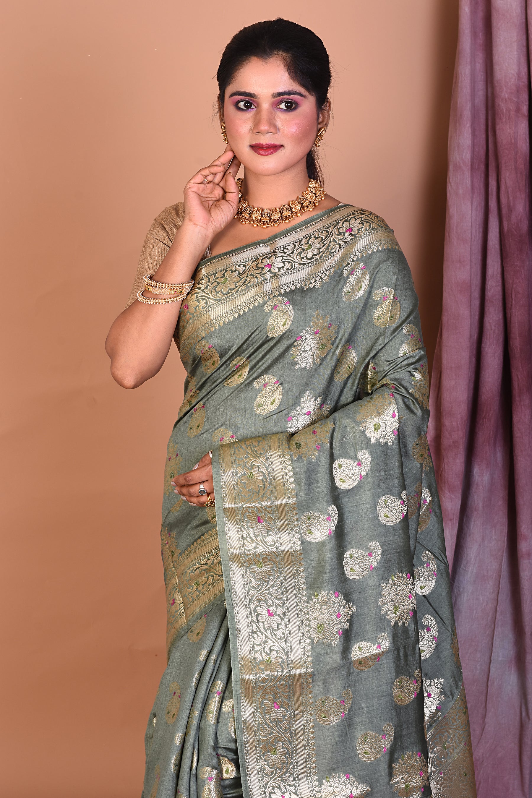 Olive Green Pure Chiniya Silk Saree with Golden Zari - Keya Seth Exclusive