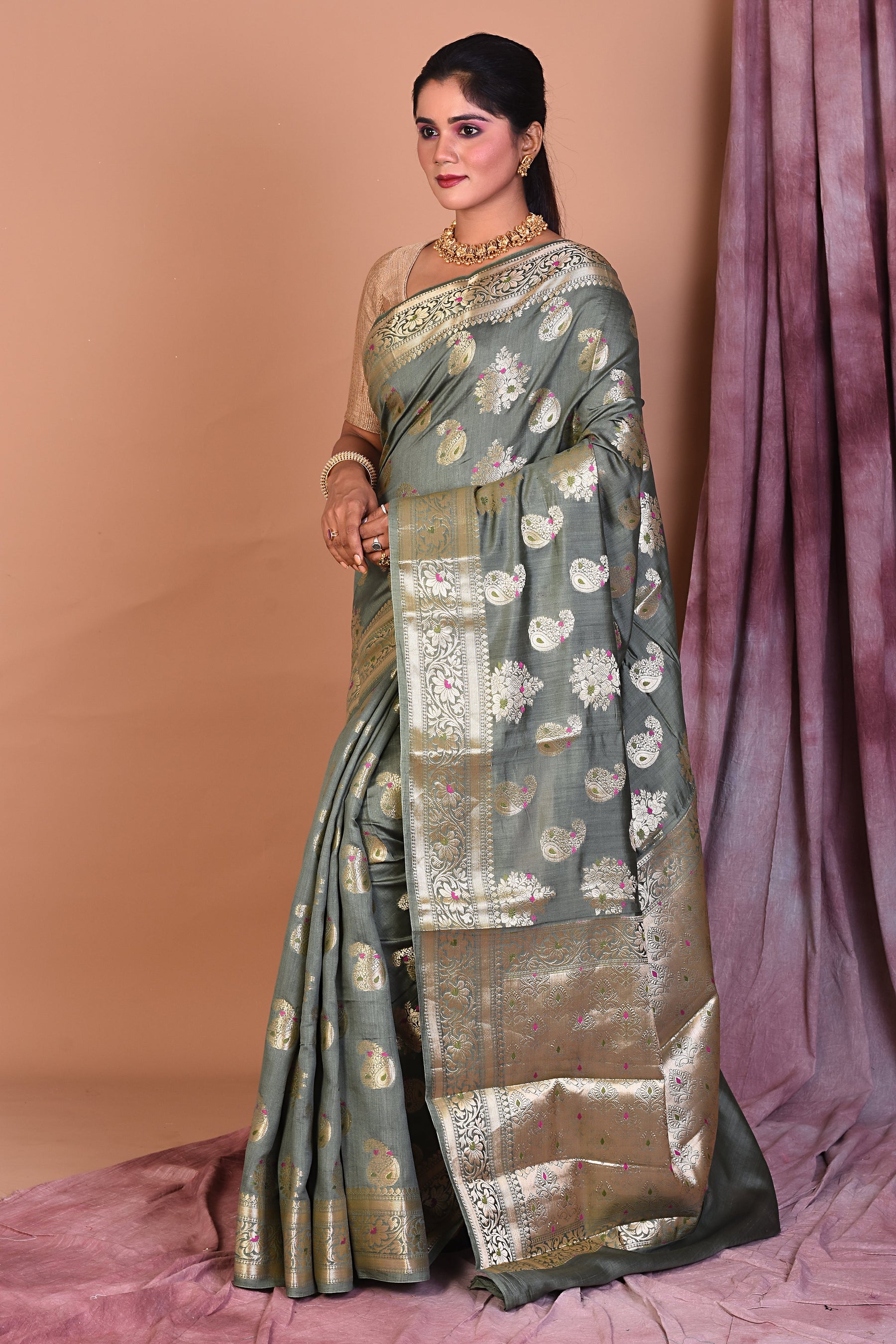 Olive Green Pure Chiniya Silk Saree with Golden Zari - Keya Seth Exclusive