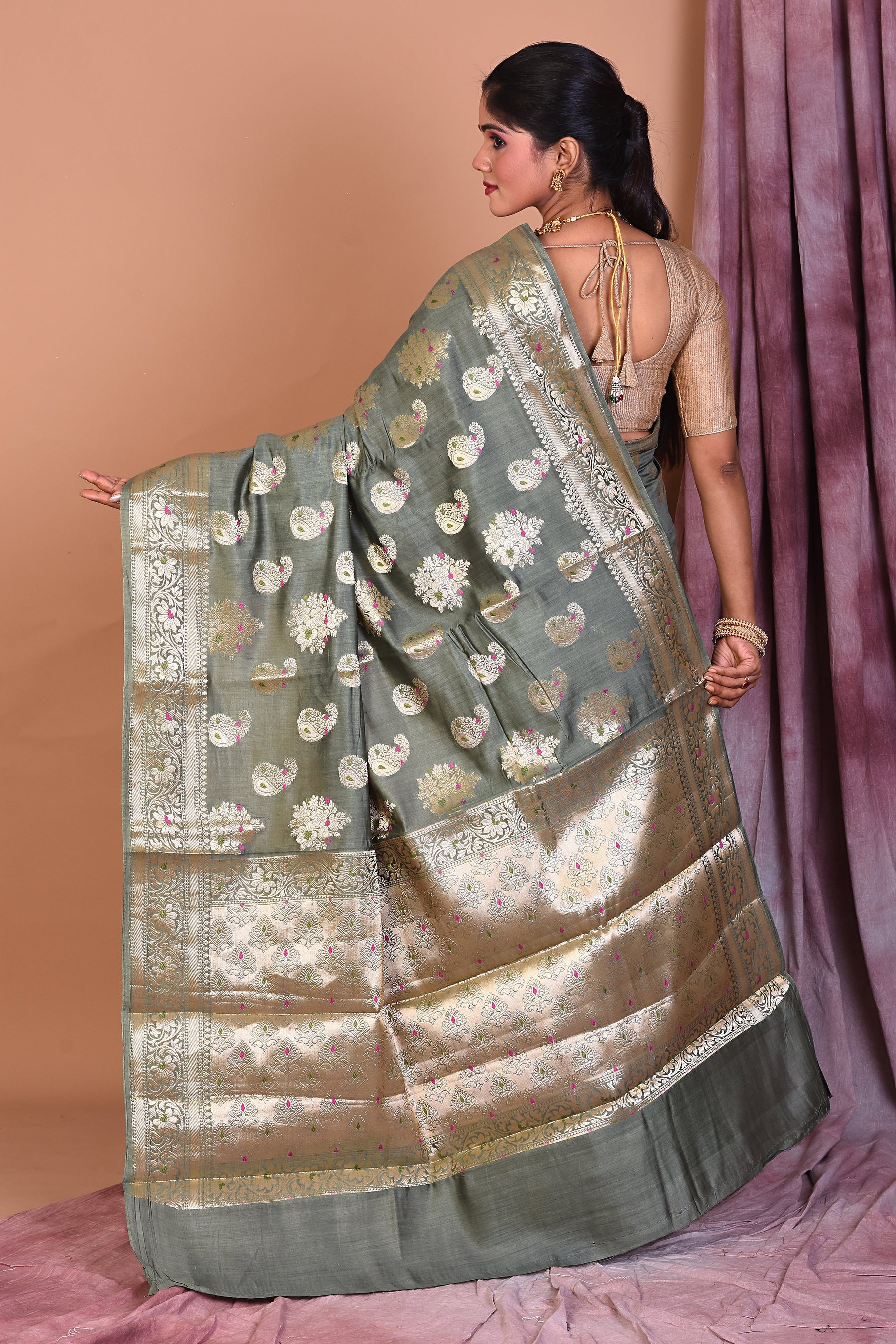 Olive Green Pure Chiniya Silk Saree with Golden Zari - Keya Seth Exclusive