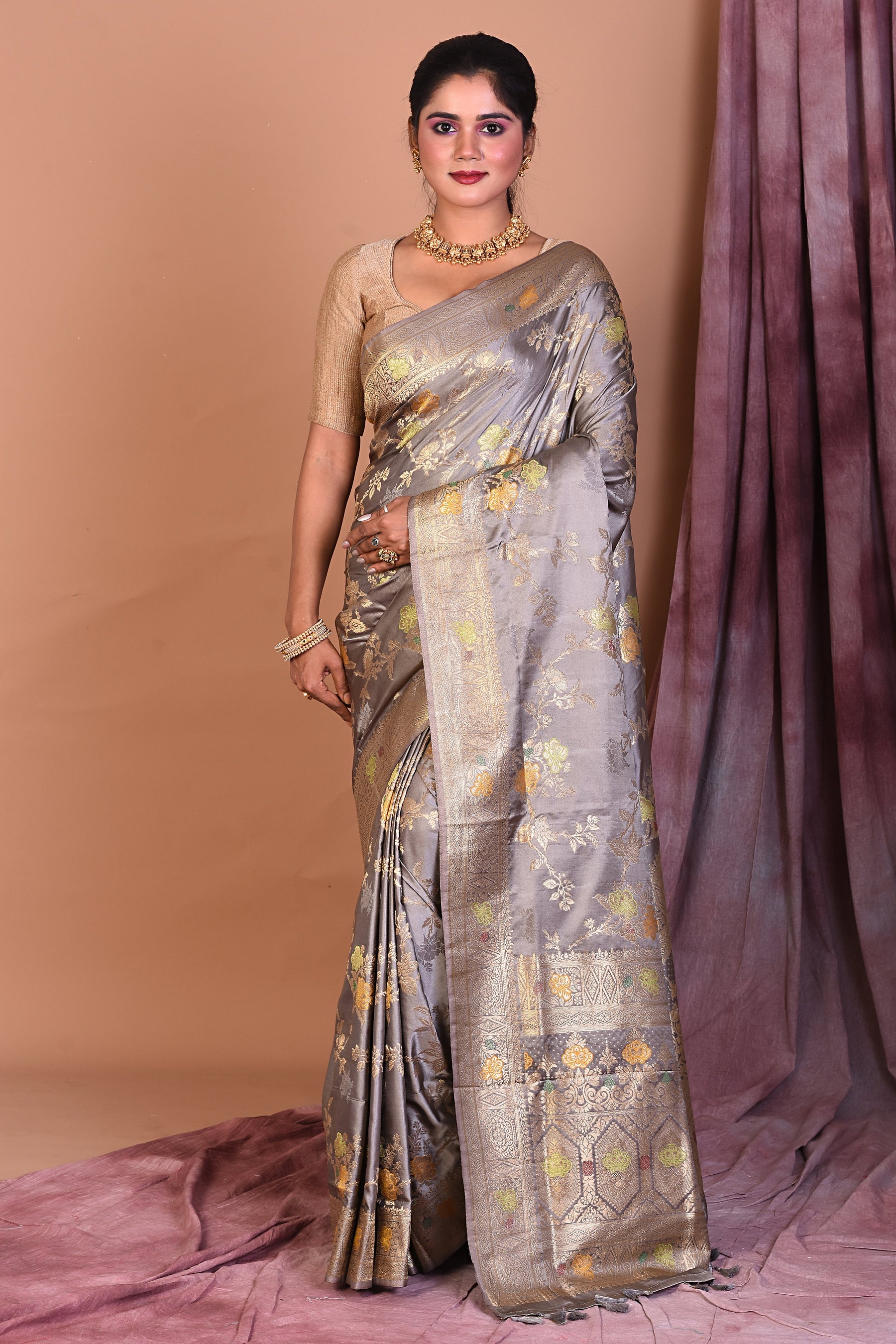 Grey Satin Silk Saree with Floral Work - Keya Seth Exclusive