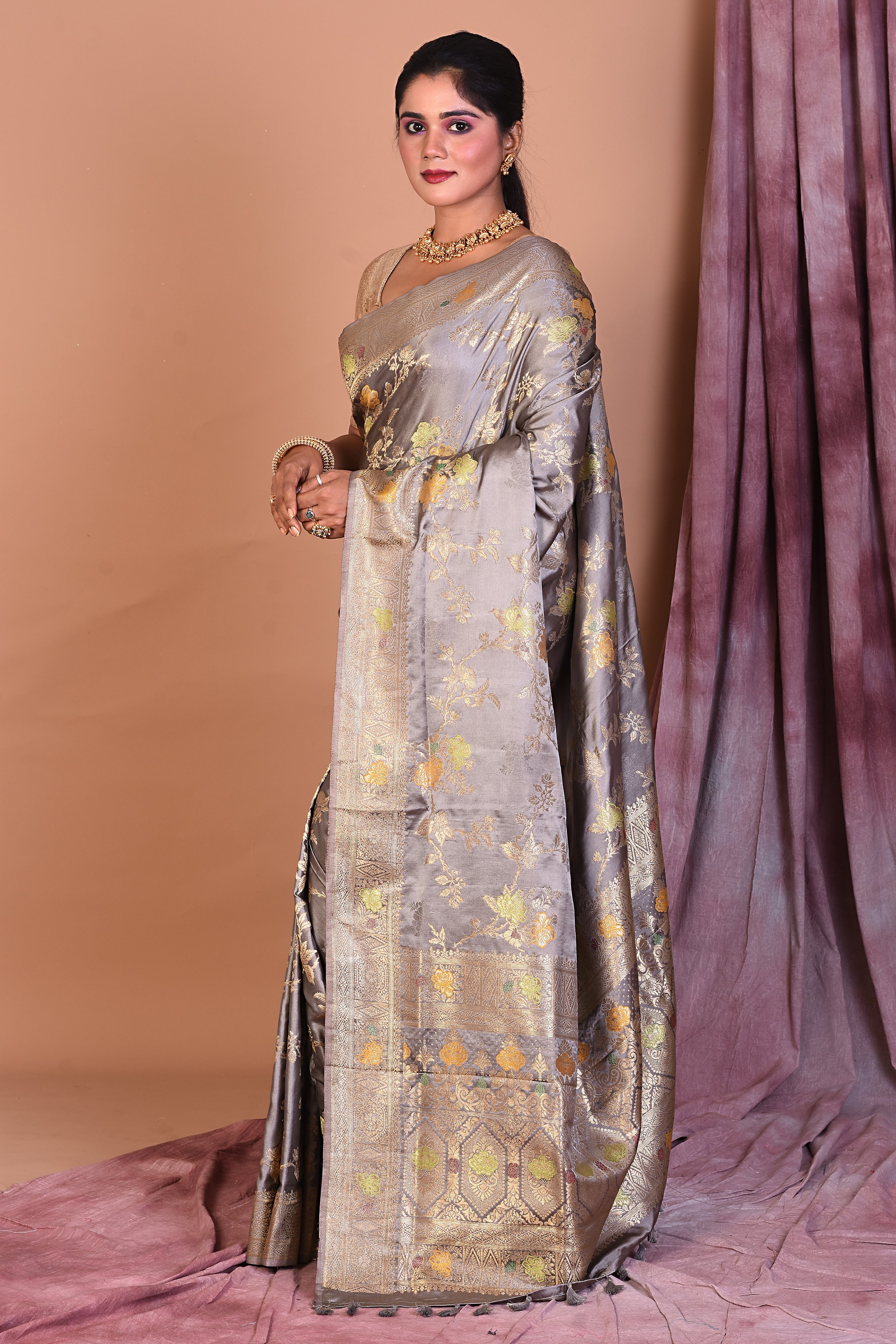 Grey Satin Silk Saree with Floral Work - Keya Seth Exclusive