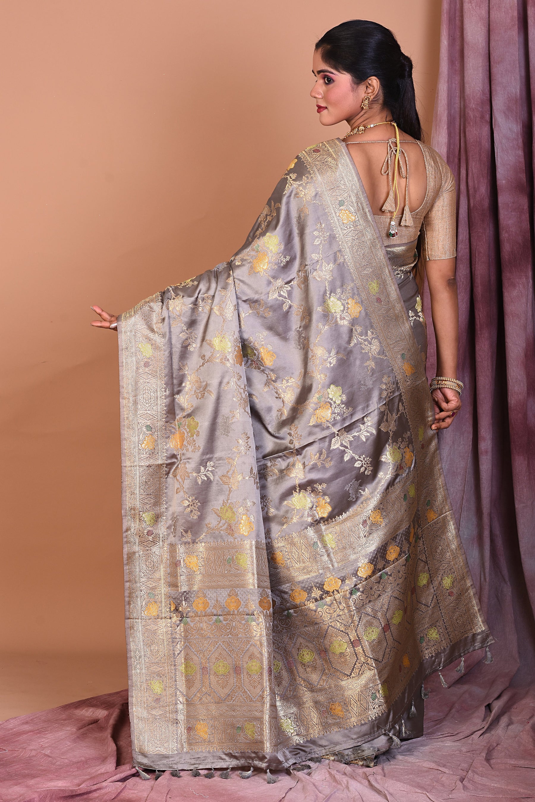 Grey Satin Silk Saree with Floral Work - Keya Seth Exclusive