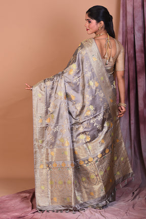 Grey Satin Silk Saree with Floral Work - Keya Seth Exclusive